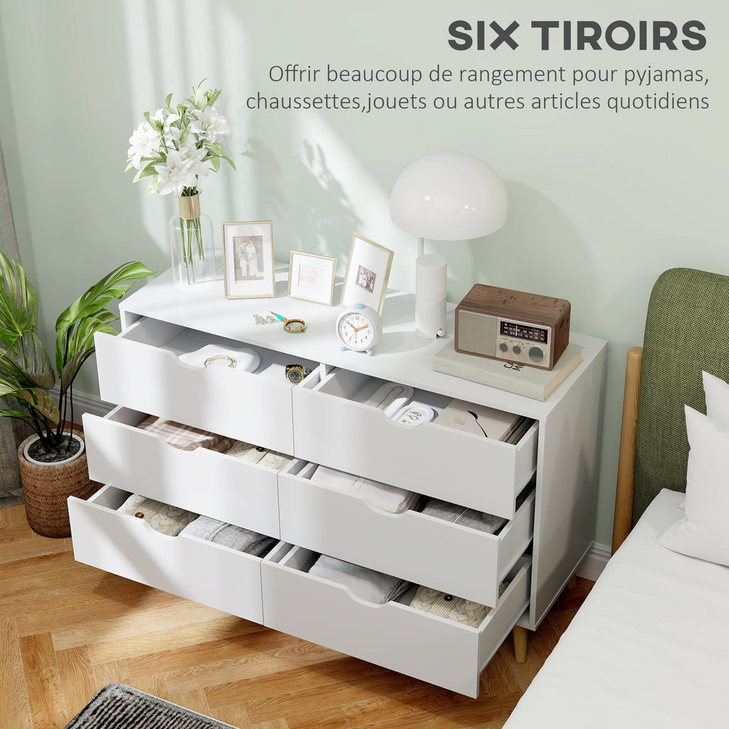 Commode 6 tiroirs meuble de rangement 5 pieds biseautés en bois  120 x 40 x 76 cm blanc-4