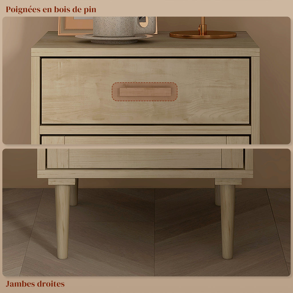 Lot de 2 tables de chevet avec placard et étagère porte rotin tissé 1 tiroir design bohème - 40 x 40 x 68,5 cm naturel-6