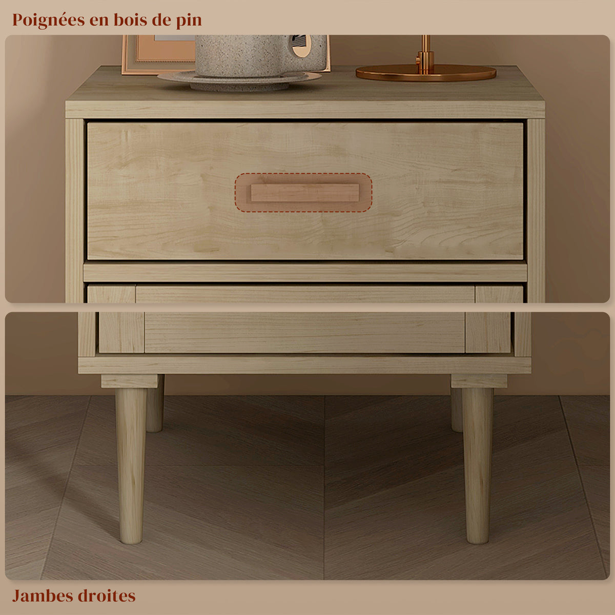 Lot de 2 tables de chevet avec placard et étagère porte rotin tissé 1 tiroir design bohème - 40 x 40 x 68,5 cm naturel-6