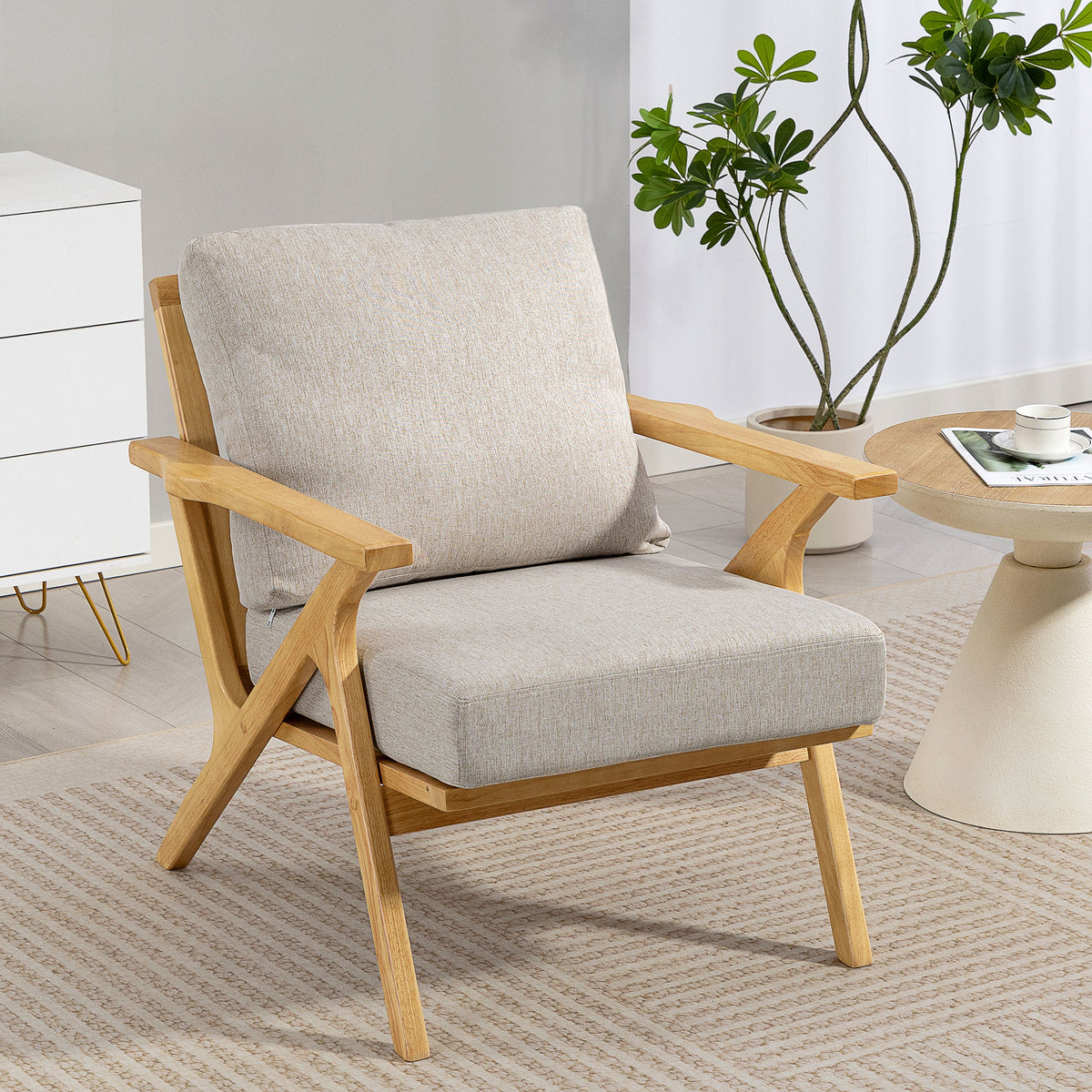 Fauteuil salon, fauteuil scandinave en tissu effet lin, coussins rembourrée et pieds en bois d'hévéa, 76x87x88cm, beige-1