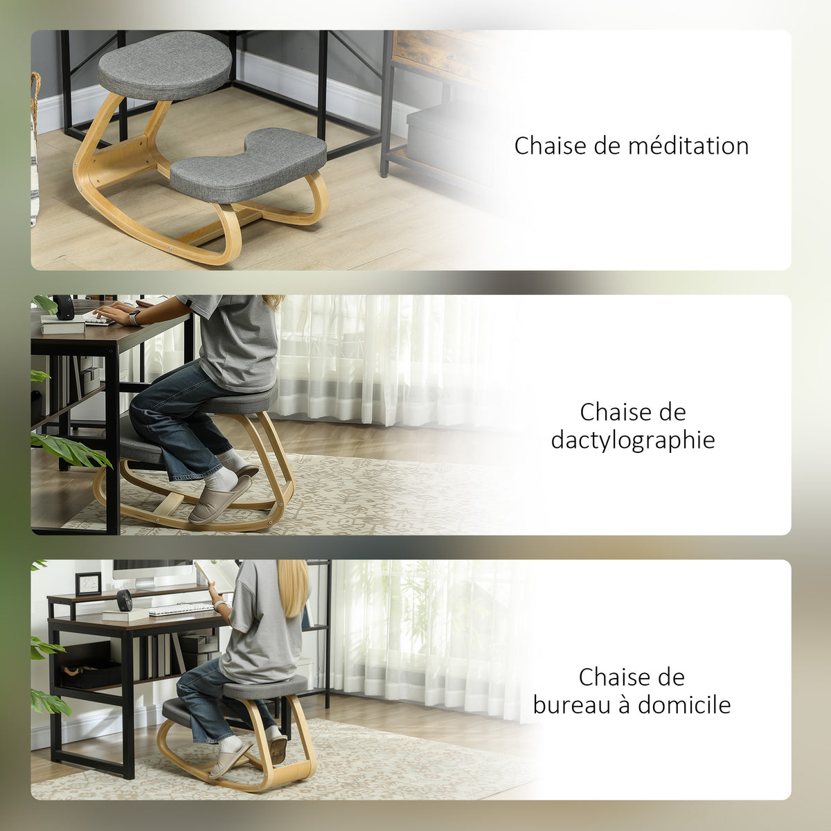 Siège assis genoux, siège ergonomique en bois à bascule, chaise à genoux pour bureau à domiciles, gris-6