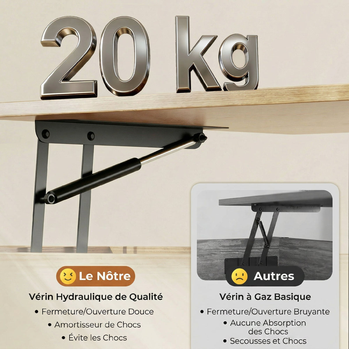 Table basse relevable avec double plateau, table de salon avec compartiment caché et pieds en métal, bois naturel-5