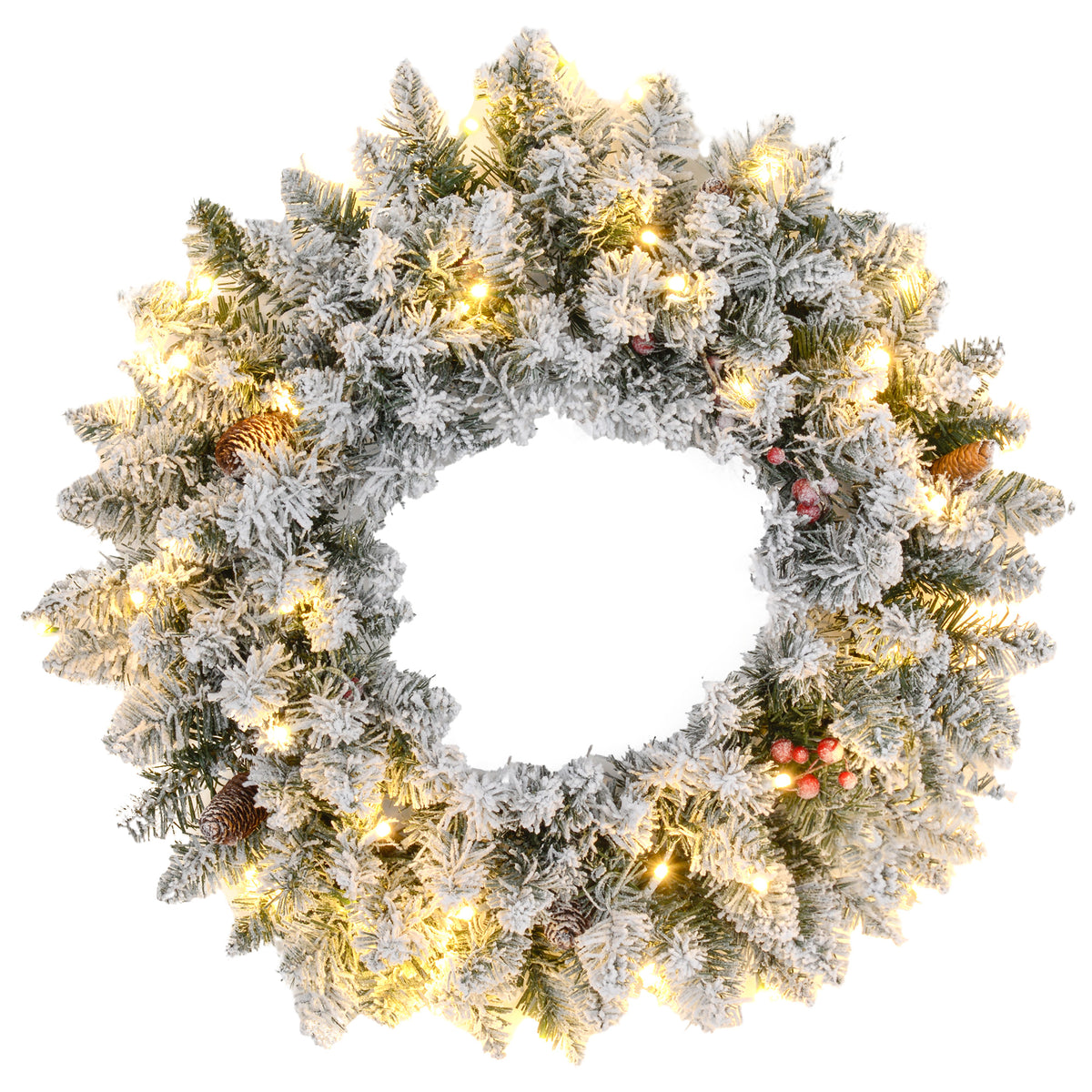 Couronne de Noël porte artificielle 60 CM avec pommes de pin et grappes de baies, lumières LED et minuterie vert-0