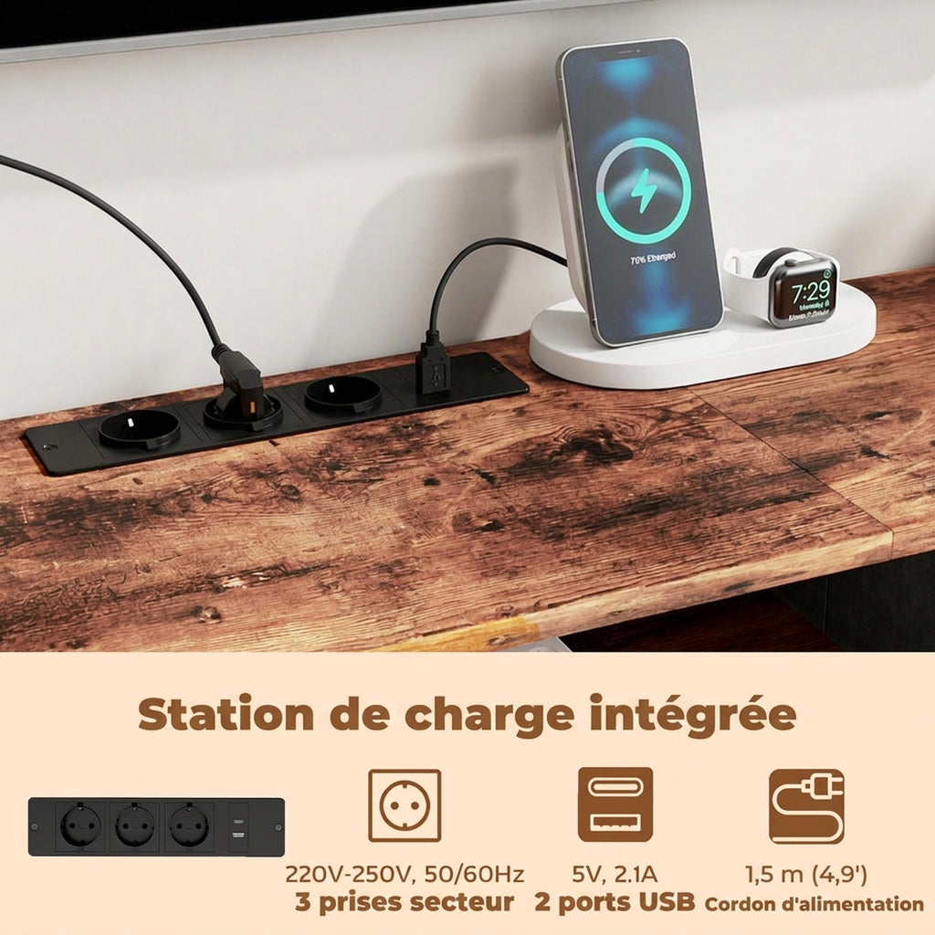 Meuble TV 160 cm, Meuble Télé 70 Pouces, Station de Charge, 5 Tiroirs en Tissu, Étagères Ouvertes, Brun Rustique-3