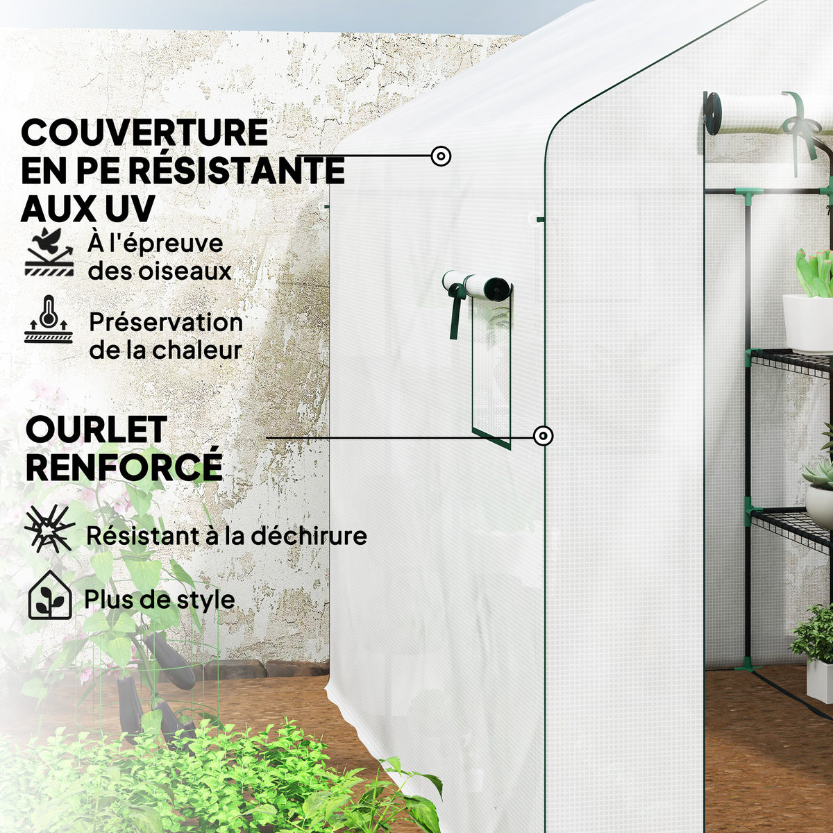 Serre de jardin 3 m² avec étagères 3 niveaux, PE renforcée 135 g/m² anti-UV, porte enroulable et fenêtres en maille-4