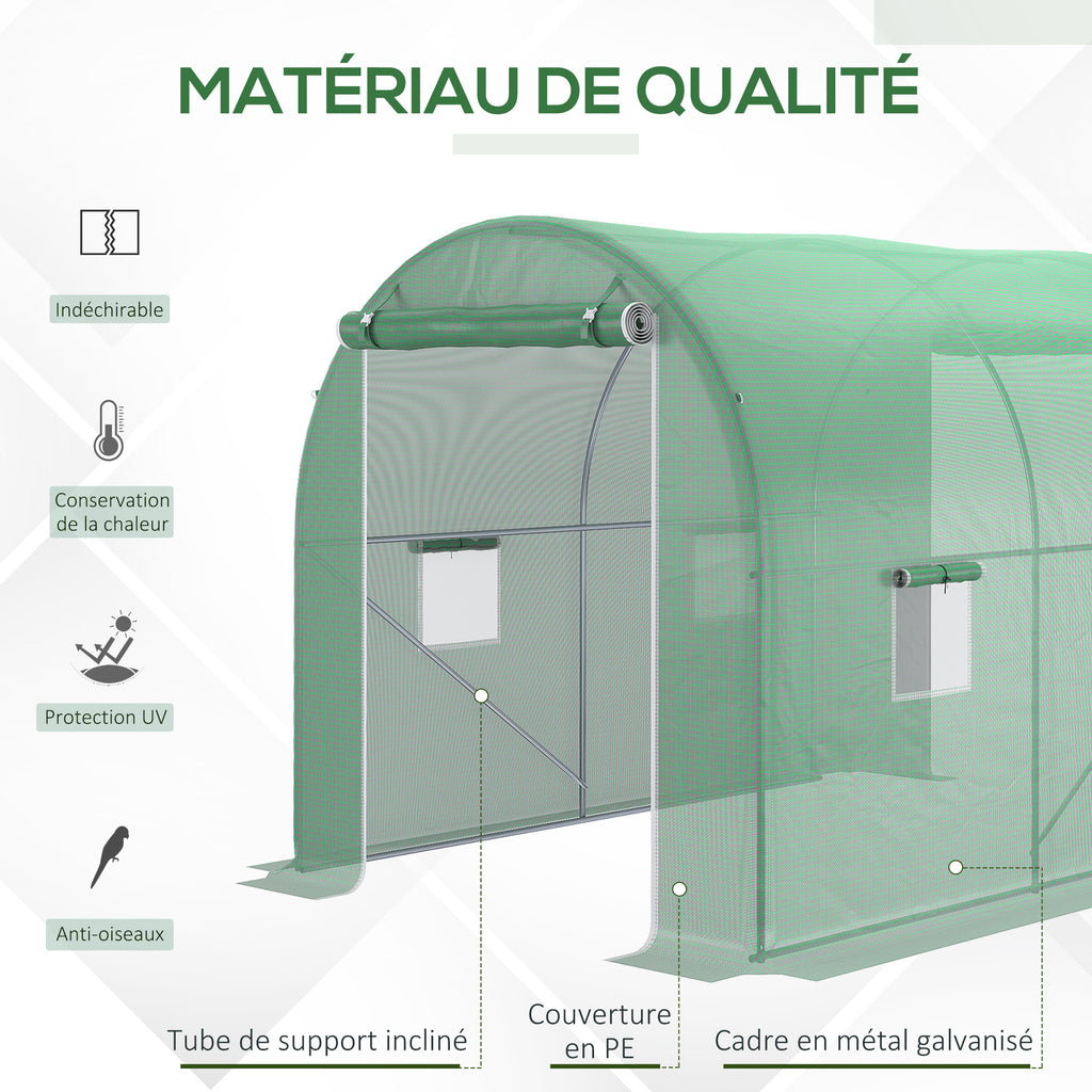 Serre de Jardin Tunnel Surface Sol 6 m² 3L x 2l x 2,10H m châssis Tubulaire renforcé Porte zippée 4 fenêtres enroulables cadre en métal Vert-3