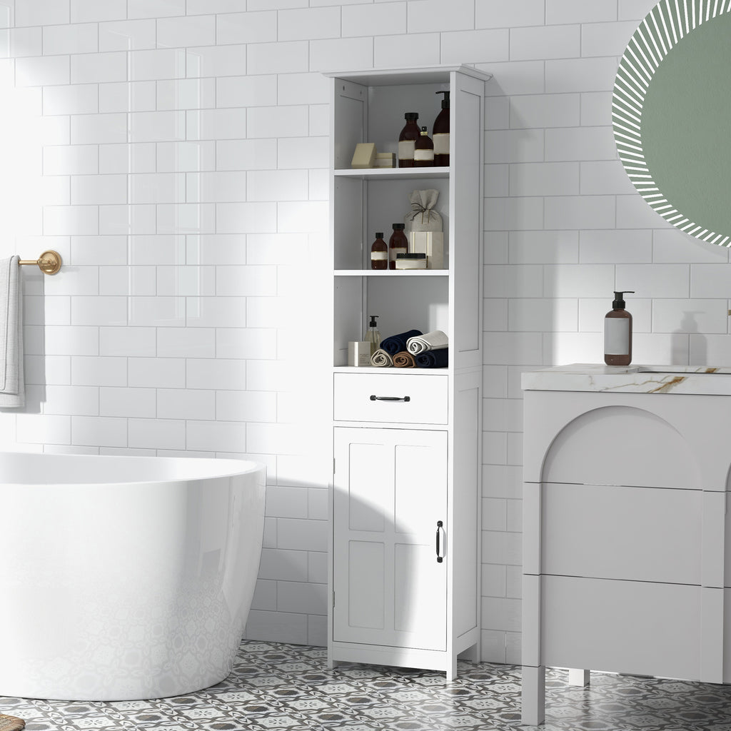 Meuble salle de bain colonne avec 3 compartiments ouverts, tiroir et étagère réglable, 40 x 30 x 164 cm, blanc-9