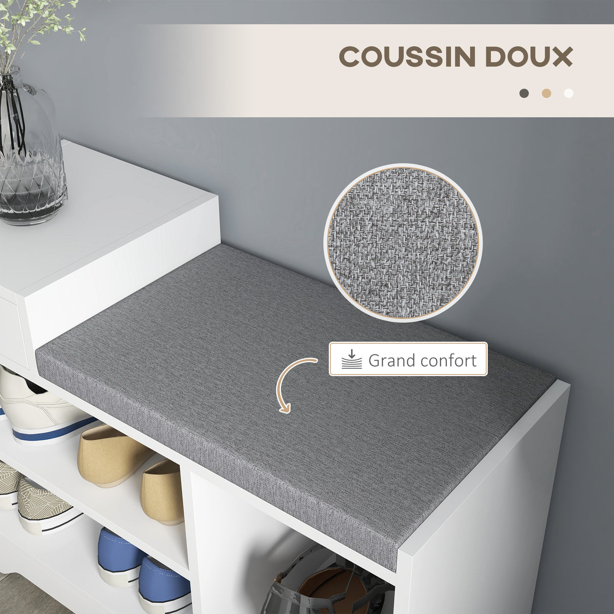 Meuble et banc à chaussures 1 tiroir et 3 compartiments, capacité 5 paires MDF, 76,5L x 30D x 52H cm-5