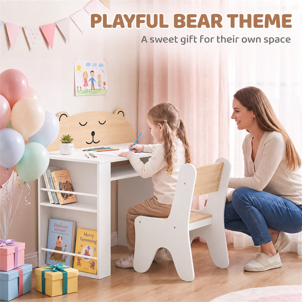 Bureau et Chaise pour Enfant 2 Pièces, Ensemble Table d'Activité avec Bibliothèque pour Dessin, Lecture et Jeux, Blanc-7