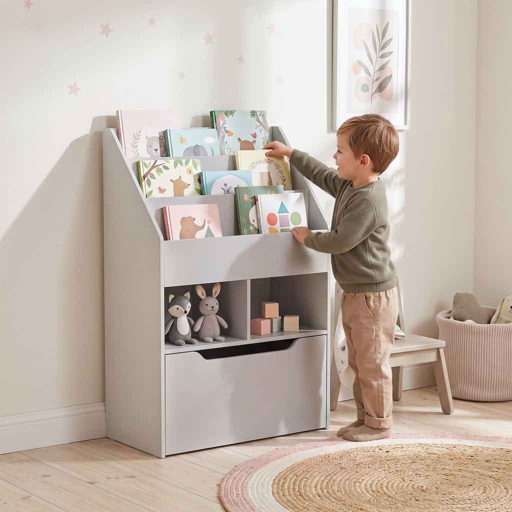Bibliothèque étagère Multi-Rangement 3 étagères 2 niches Grand tiroir en bois Gris-9