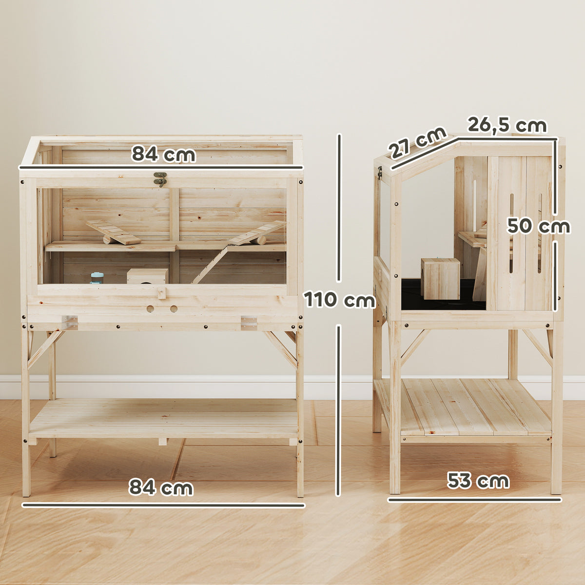 Cage hamster en bois, cage rongeur à 2 niveaux, étagère de rangement, couvercle ouvrant, 84 x 53 x 110 cm, bois naturel-2