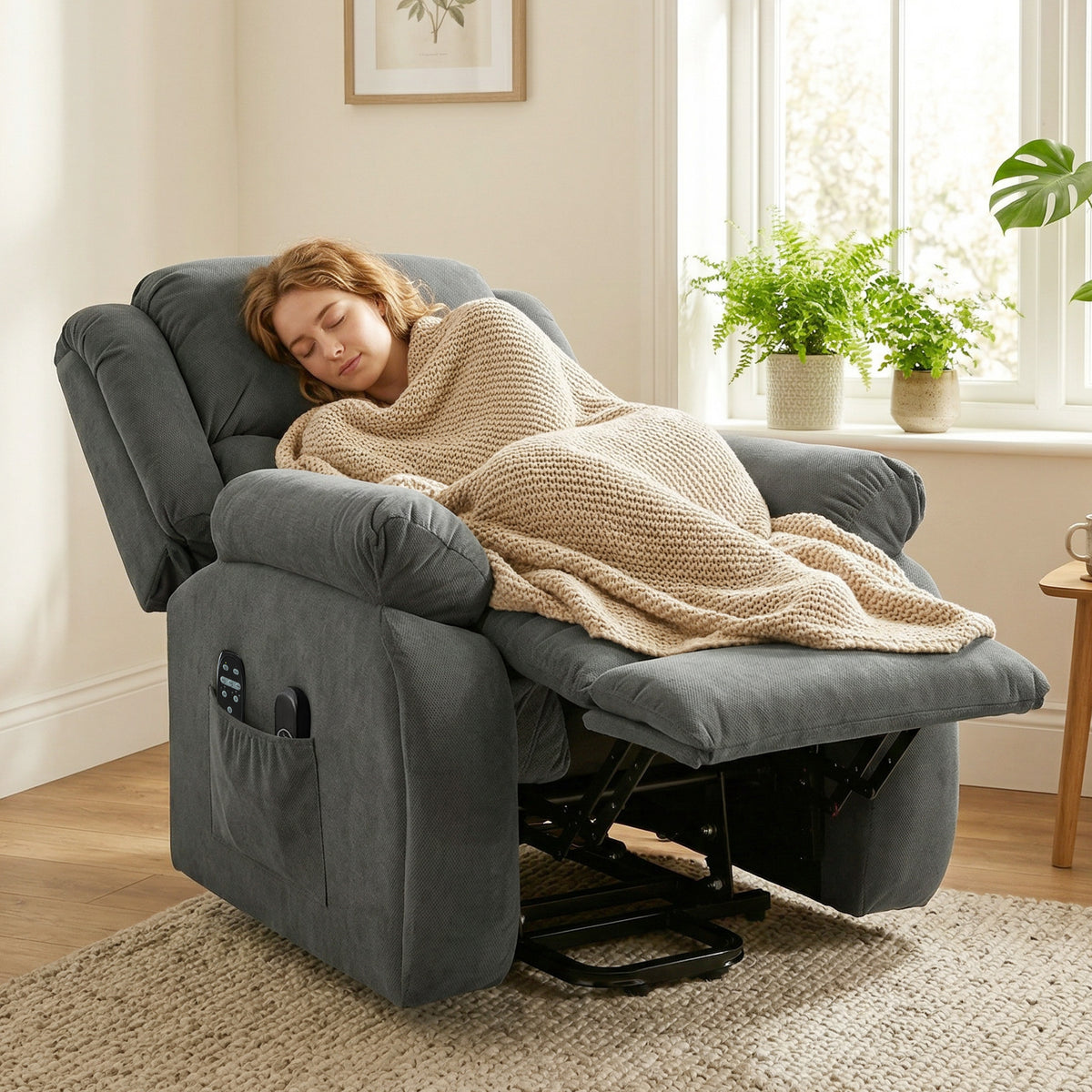 Fauteuil releveur électrique massage et chauffage avec repose-pied, dossier inclinable, télécommande et poche latérale-7
