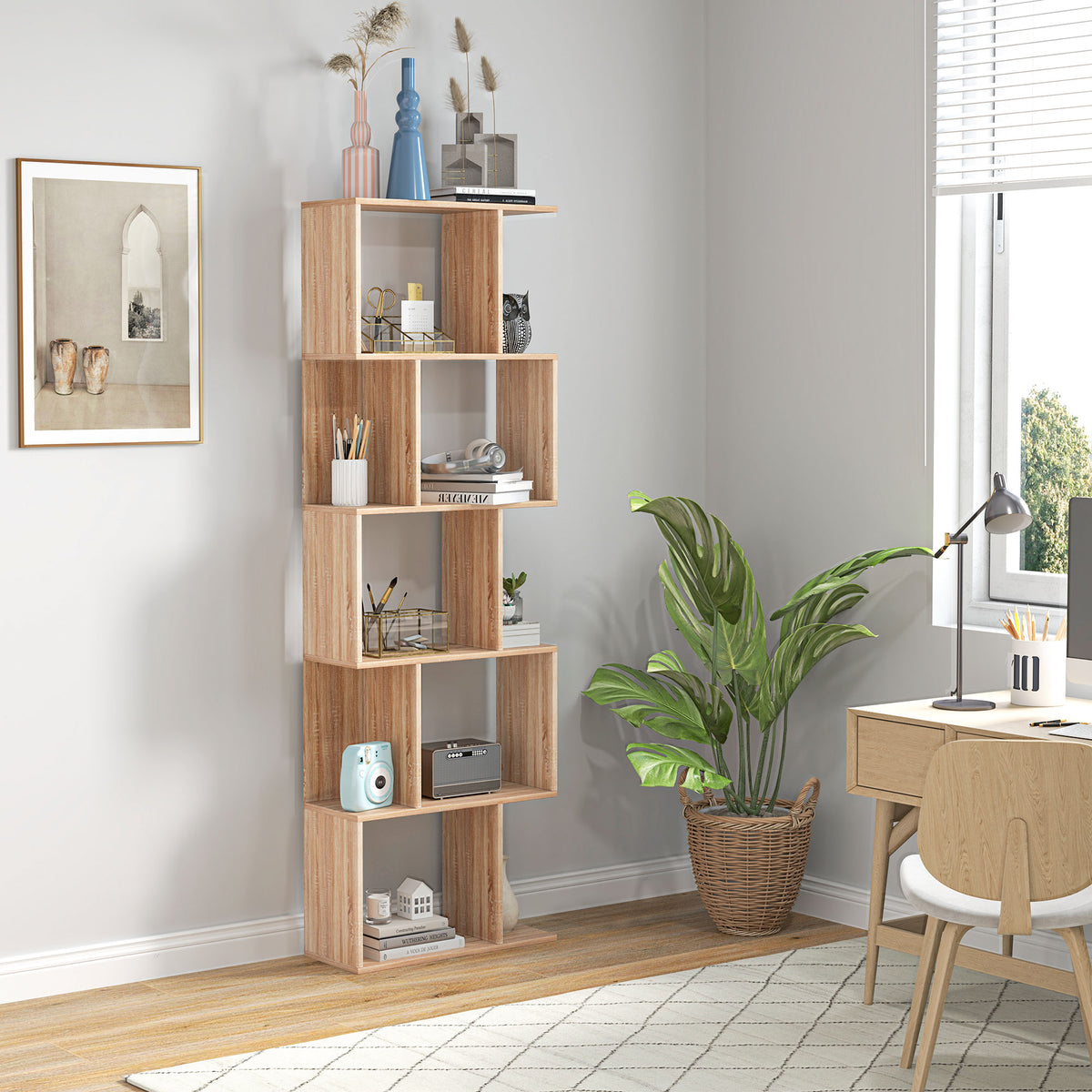 Bibliothèque à 5 niveaux, meuble de rangement en forme de S avec étagères, 60 x 24 x 184,5 cm, effet bois naturel-9