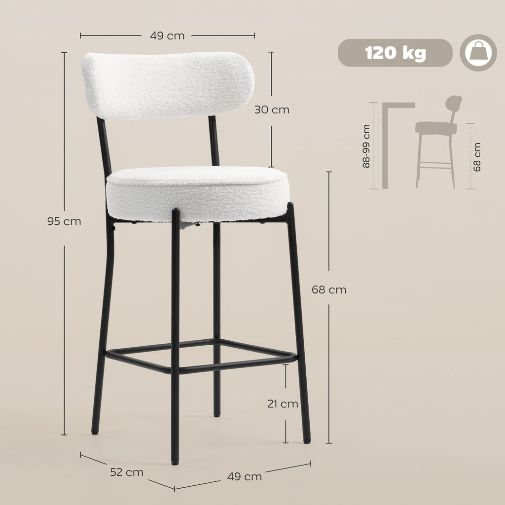 Lot de 2 tabourets de bar en tissu bouclette, chaises de bar avec dossier courbé, repose-pieds, 49x52x95cm, crème-2