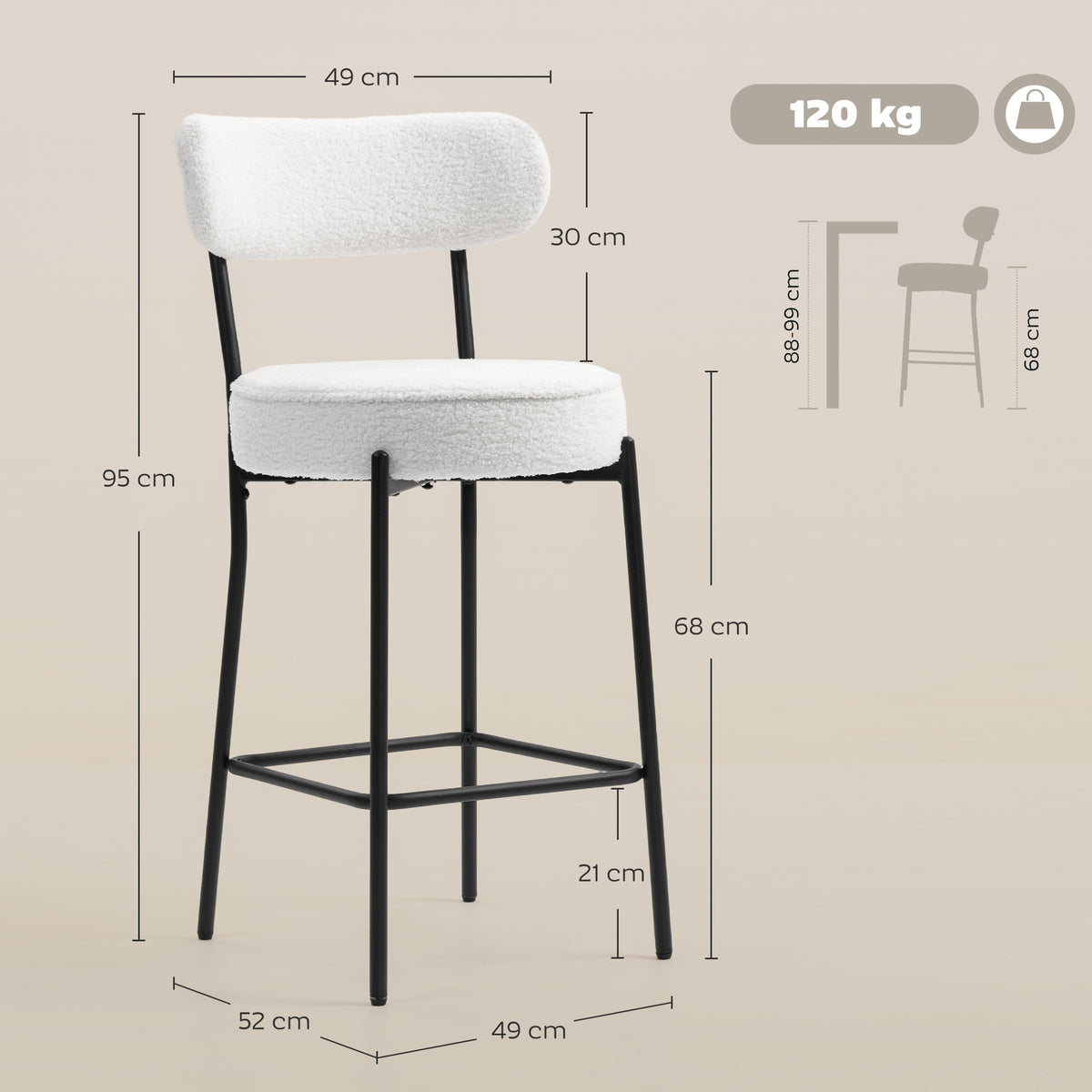 Lot de 2 tabourets de bar en tissu bouclette, chaises de bar avec dossier courbé, repose-pieds, 49x52x95cm, crème-2