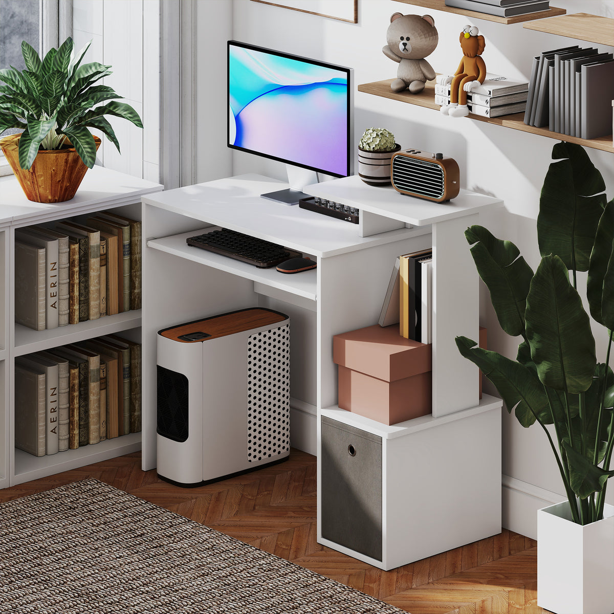 Bureau Informatique multimédia étagères Tablette Clavier Panier Gris Panneaux Particules Blanc-6