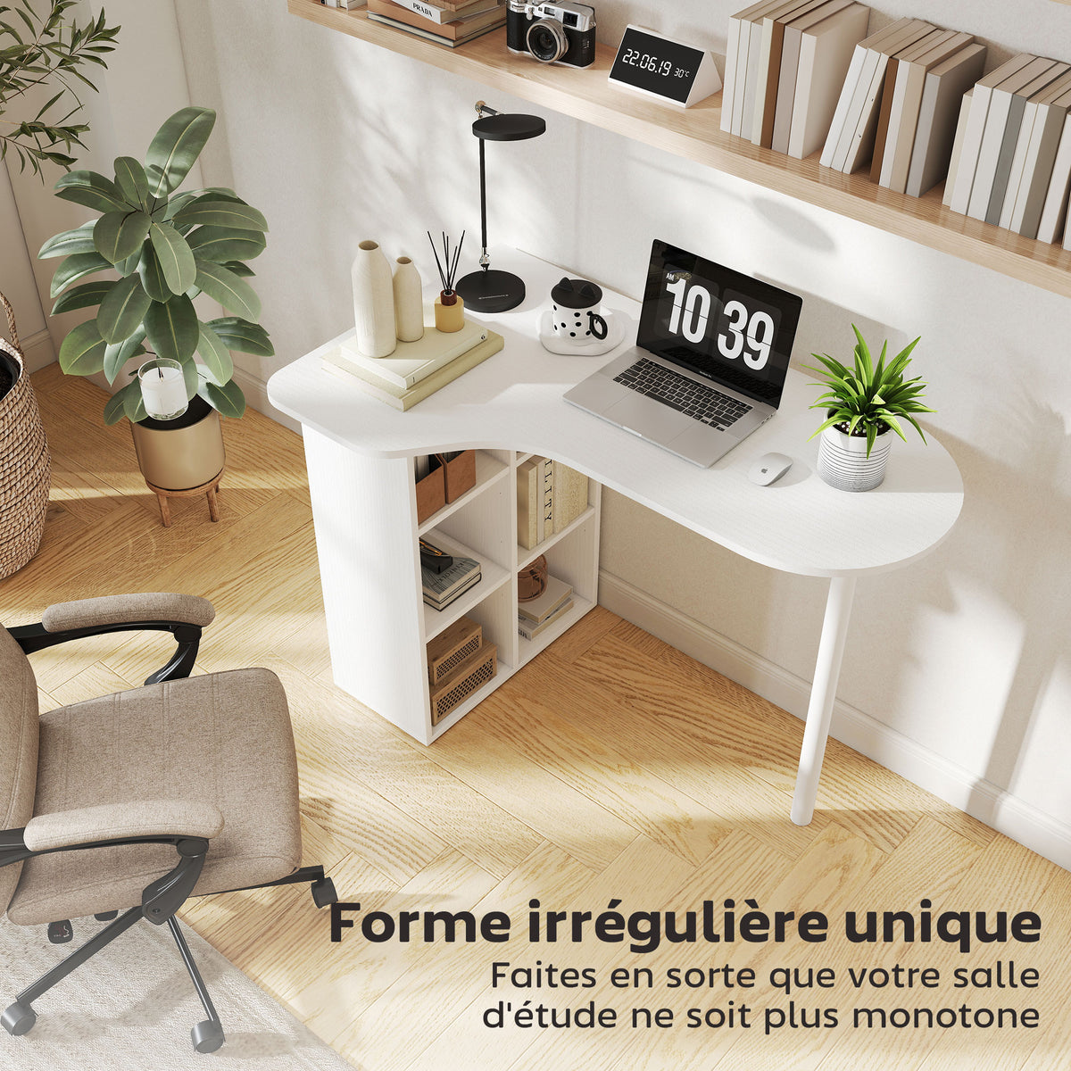 Bureau irrégulier table d'ordinateur 100 x 59 cm avec 6 compartiments, 4 étagères réglables et cadre en acier, blanc-3