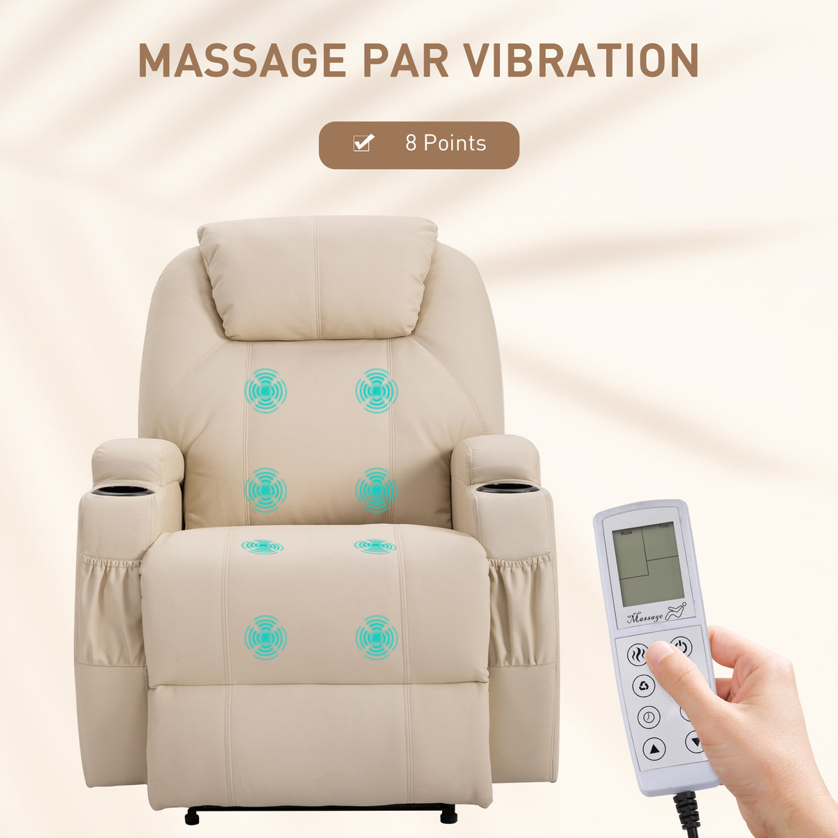 Fauteuil Luxe de Relaxation et Massage Inclinaison Dossier Repose-Pied électrique revêtement synthétique Crème-3