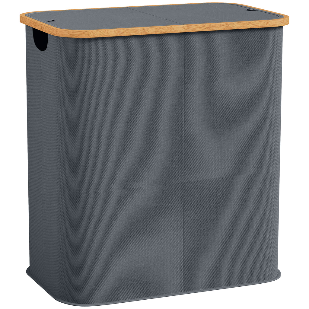 Panier à linge double pliable 80 L corbeille à linge sale avec couvercle, poignées rainurées, gris-0