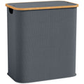 Panier à linge double pliable 80 L corbeille à linge sale avec couvercle, poignées rainurées, gris-0