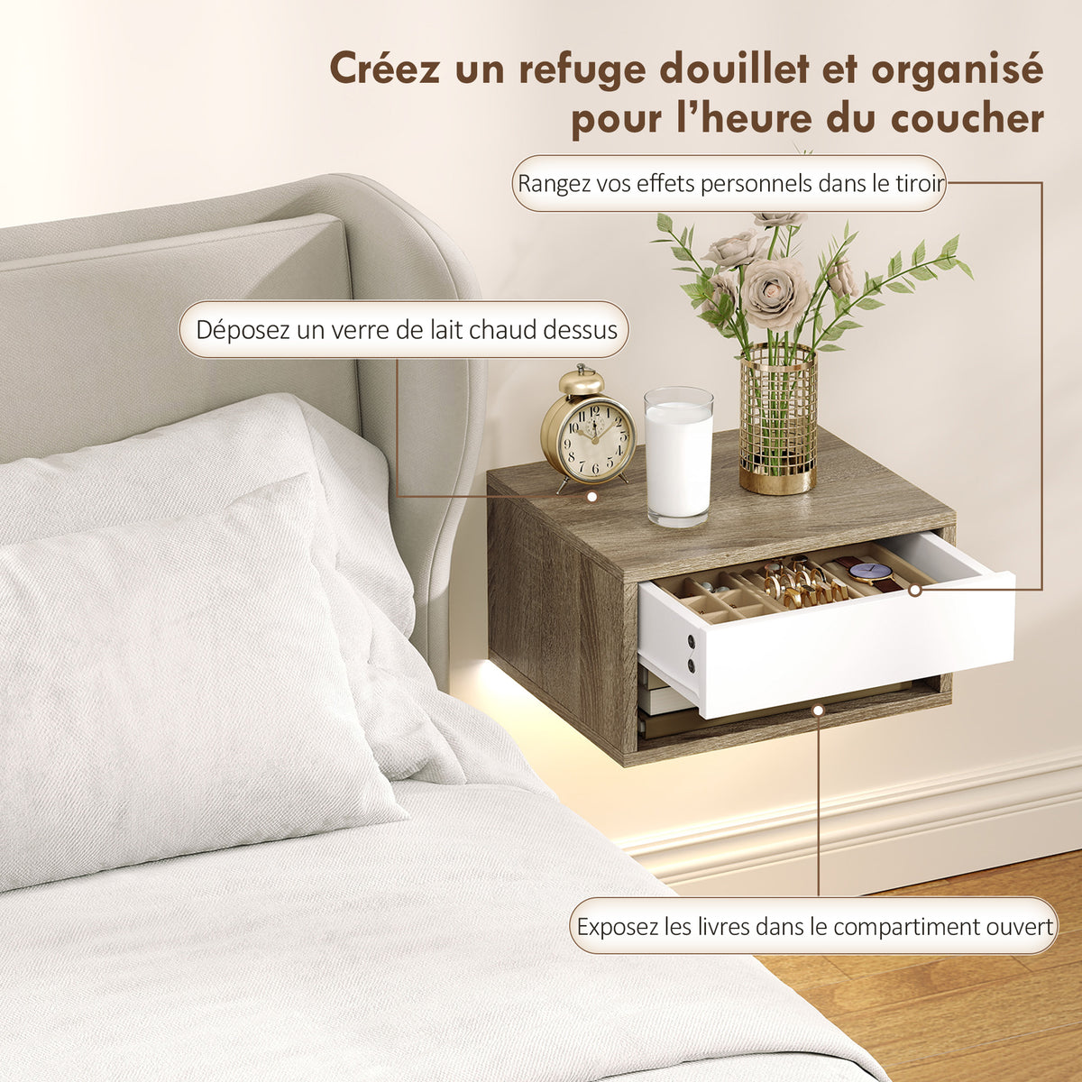 Lot de 2 tables de chevet suspendues avec éclairage LED RGB contrôle par application, étagère, tiroir, 37x32x21cm, teck-4