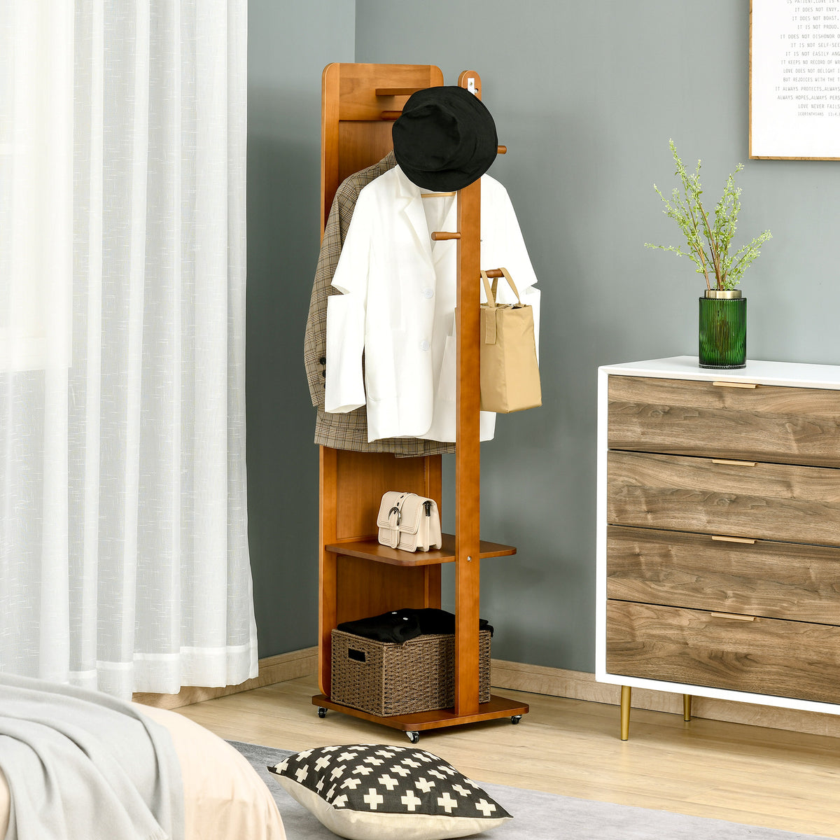 Miroir sur Pied avec roulettes - Portant, 4 patères étagère MDF Aspect Noyer-6