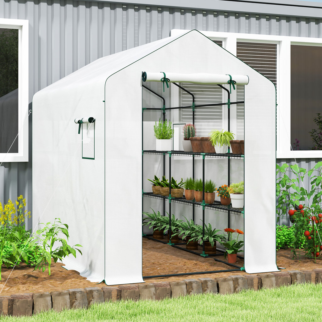 Serre de jardin 3 m² avec étagères 3 niveaux, PE renforcée 135 g/m² anti-UV, porte enroulable et fenêtres en maille-1