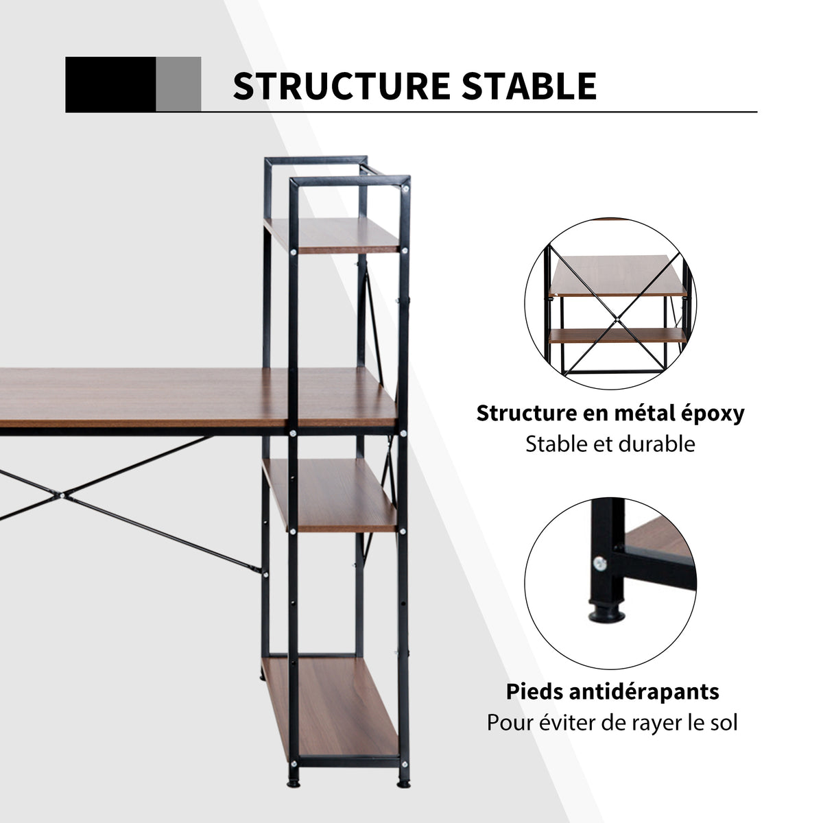 Bureau d'angle avec rangement design Industriel avec bibliothèque 3 étagères panneaux particules aspect noyer-6