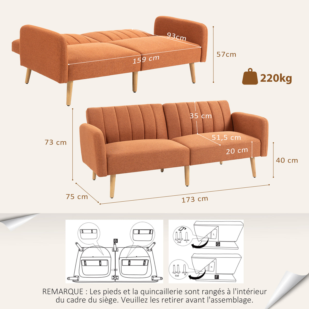 Canapé Convertible 2 Places Design scandinave Dossier inclinable 3 Positions Pieds Bois Tissu Aspect Lin marron-2