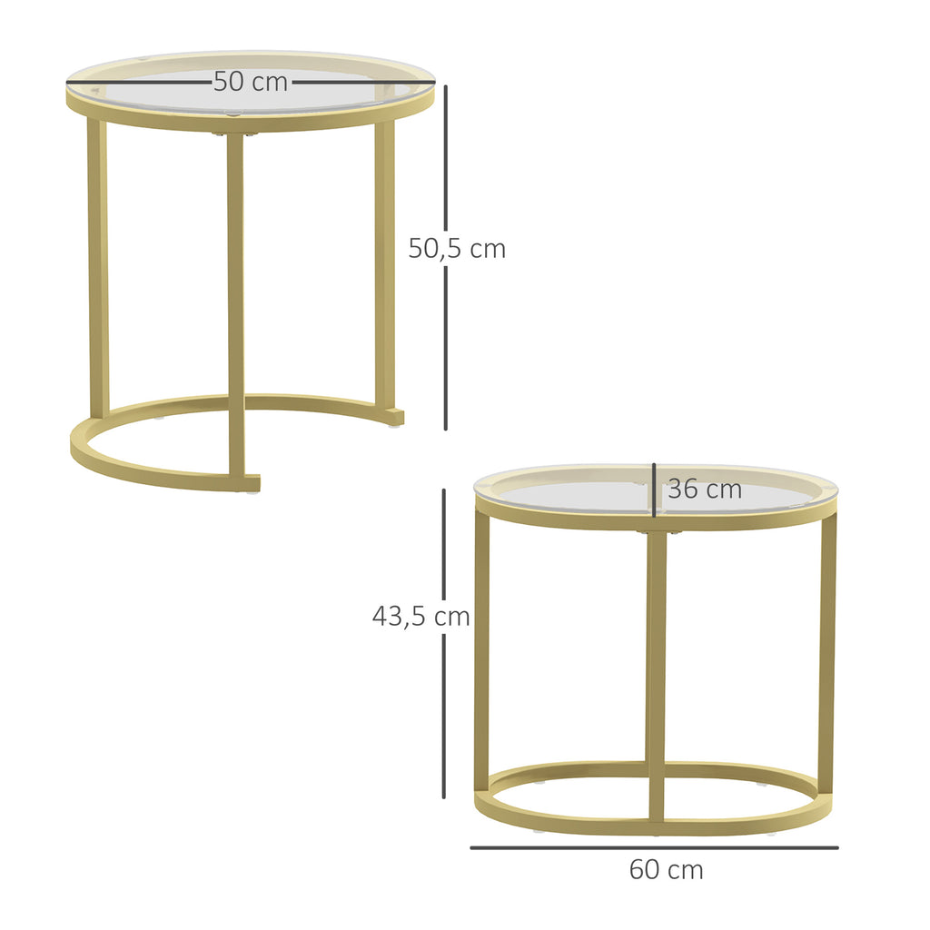 Lot de 2 tables basses tables d'appoint gigognes encastrables structure en acier et plateau verre trempé transparent or-2