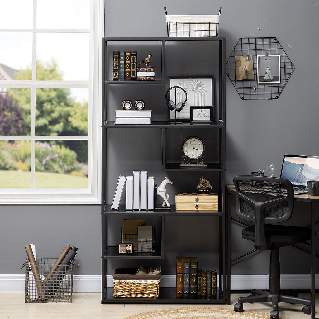 Bibliothèque étagère de rangement à 7 niveaux cadre en acier style industriel 83 x 34 x 180 cm noir-6