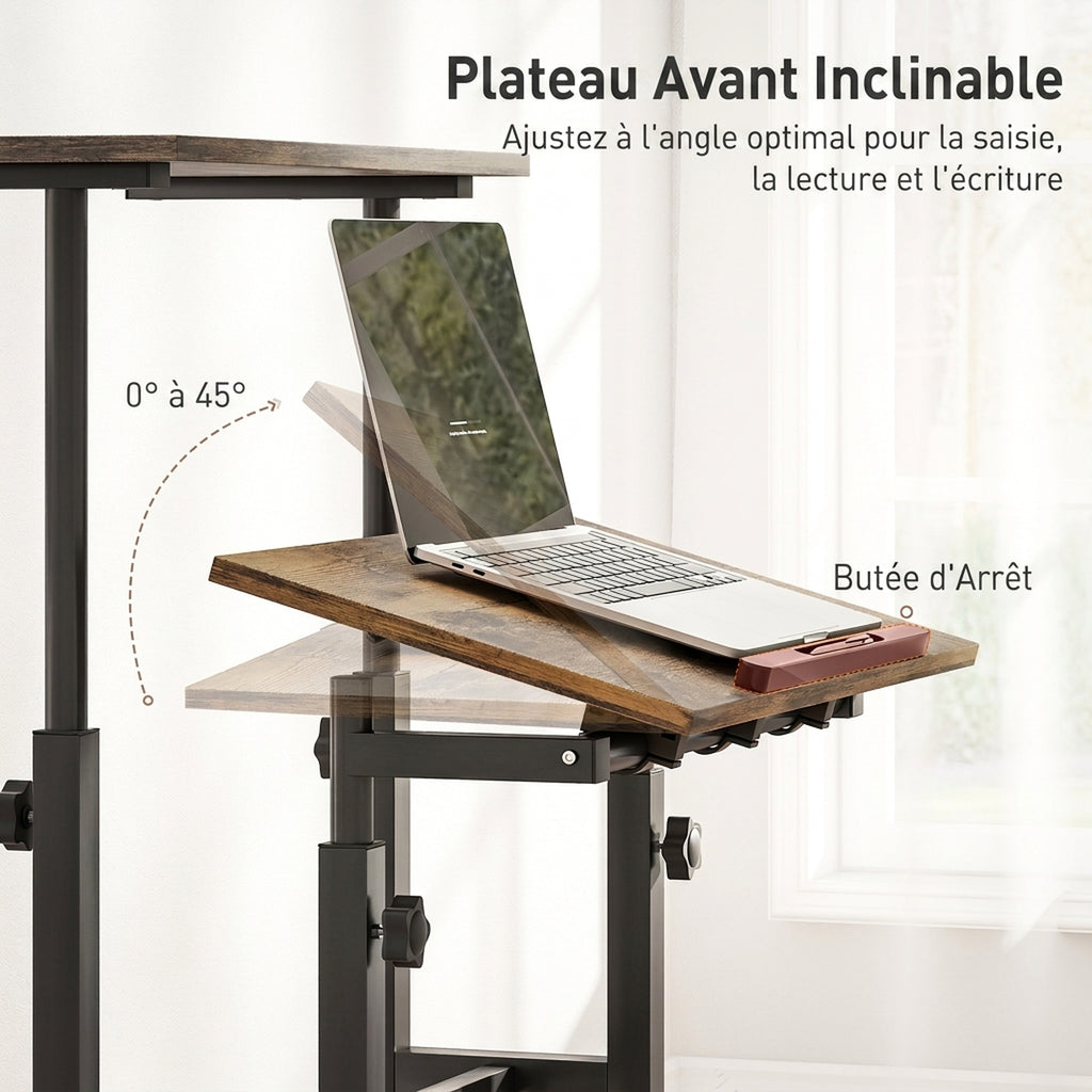 Bureau assis debout bureau réglable en hauteur 60 x 60 cm à roulettes avec plateau inclinable cadre métal brun rustique-4