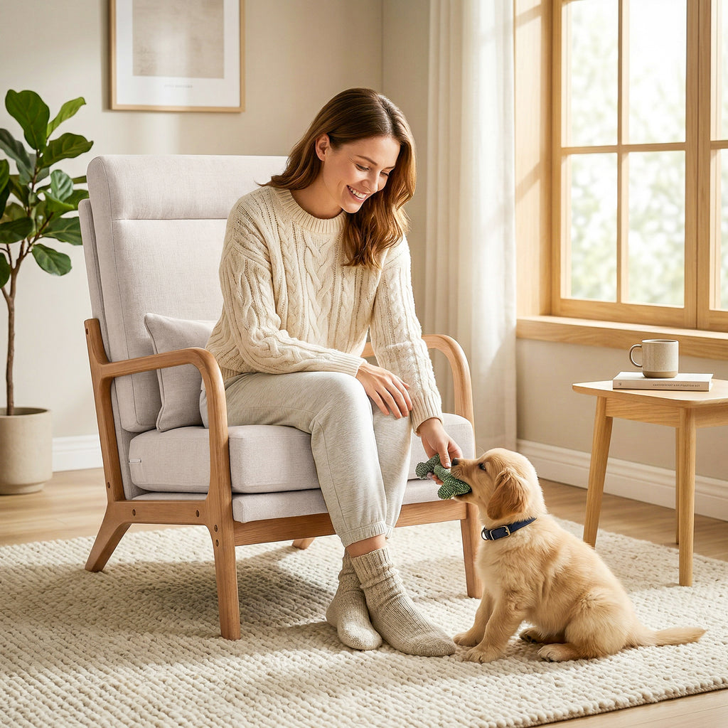 Fauteuil salon, fauteuil d'appoint rembourré en lin avec large assise, support lombaire, haut dossier, 64x86x93cm, crème-8