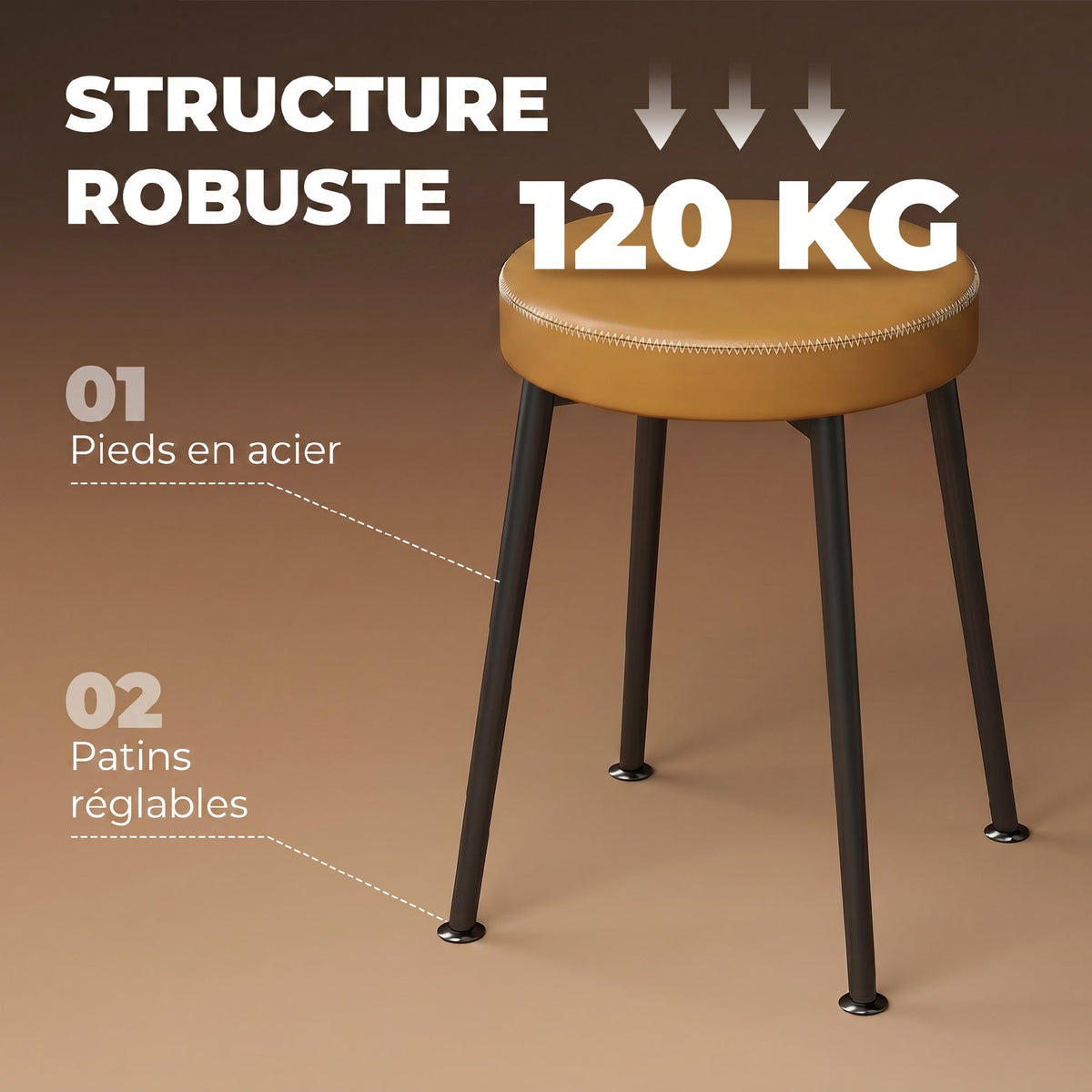 Lot de 2 chaises de salle à manger rondes, chaises de cuisine empilables avec assise rembourrée en PU, marron et noir-4