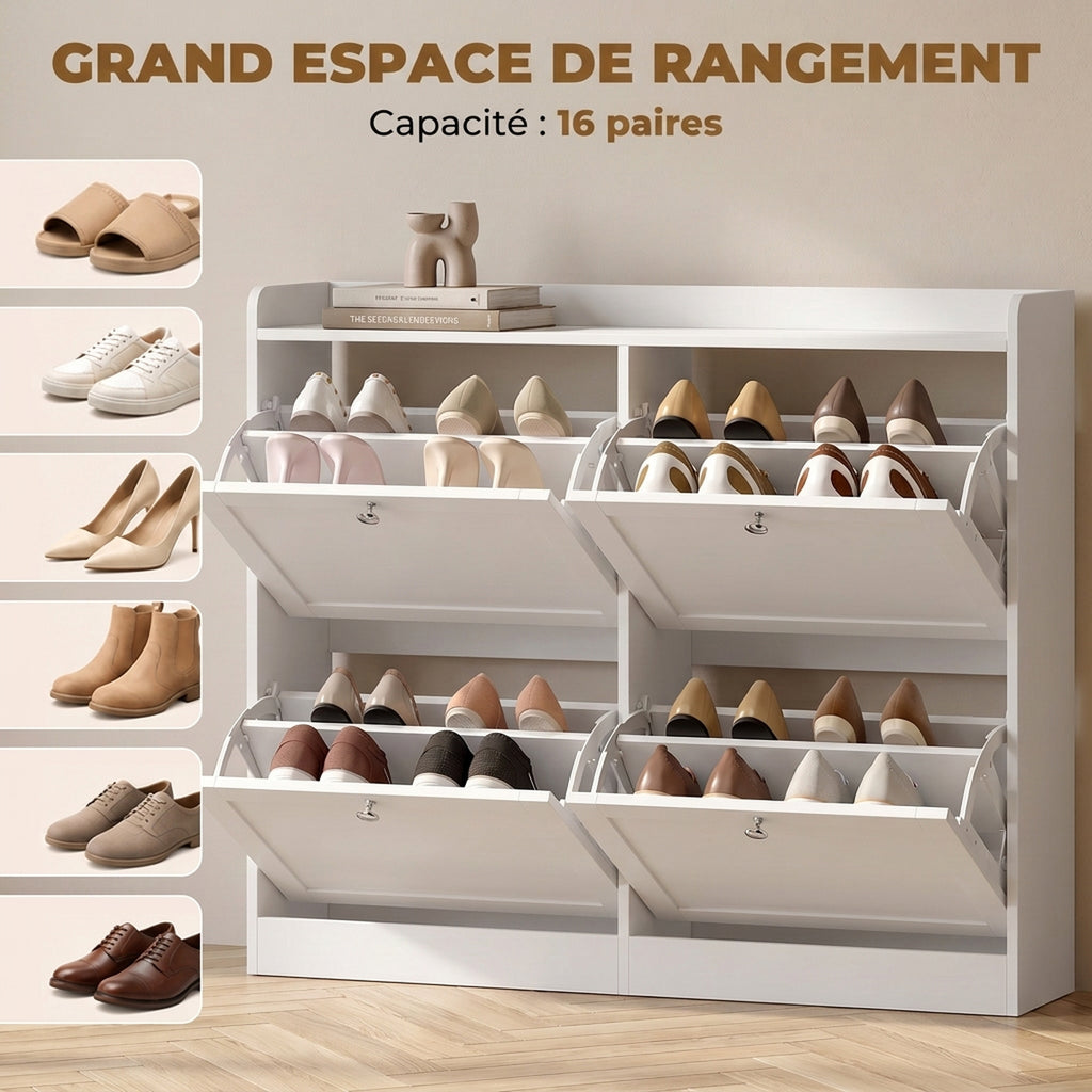 Meuble à Chaussures 16 Paires, Armoire à Chaussures Étroite, 4 Tiroirs, Étagères Réglables et Plateau Supérieur, Blanc-4