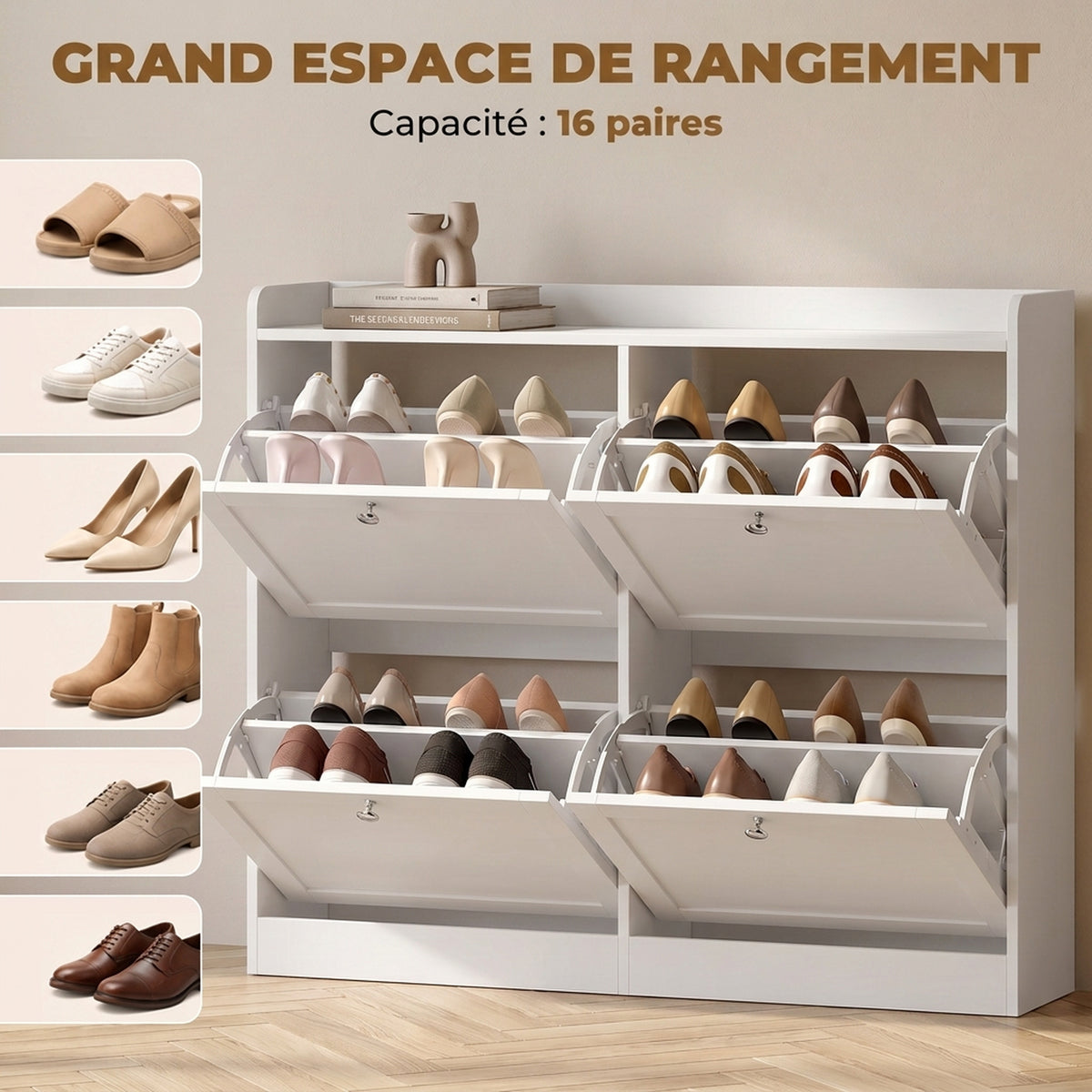 Meuble à Chaussures 16 Paires, Armoire à Chaussures Étroite, 4 Tiroirs, Étagères Réglables et Plateau Supérieur, Blanc-4
