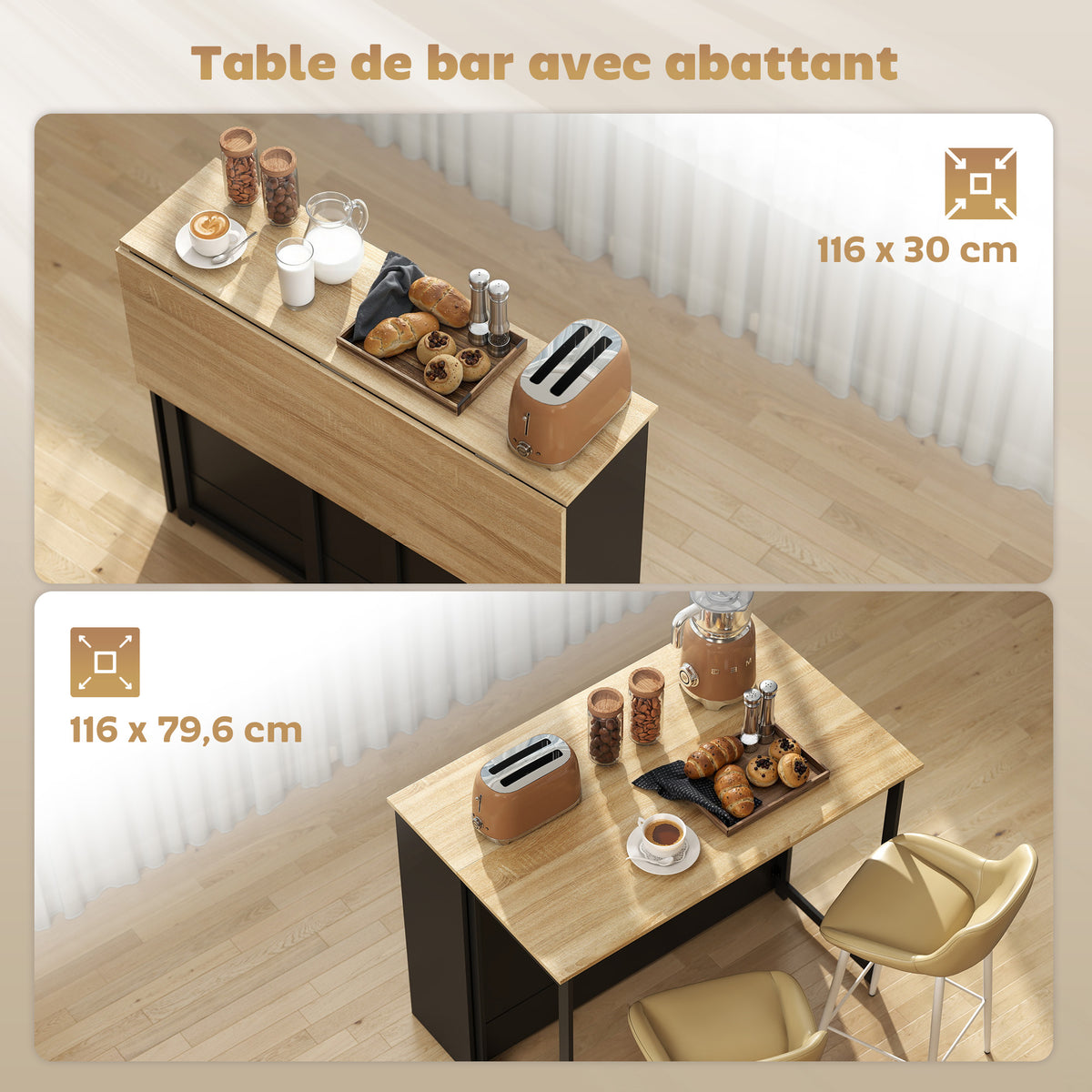 Table de bar extensible avec abattant, table haute cuisine, 1 placard et 4 compartiments ouverts, 116x79,6x90,5cm, noir-3