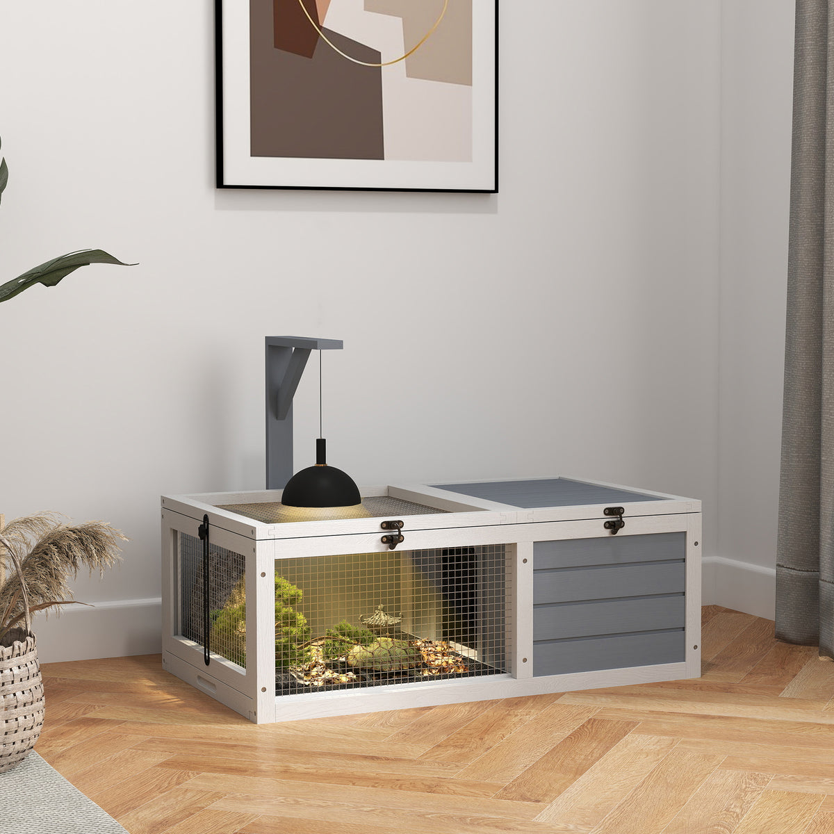 Maison enclos cage pour petit animal tortue avec 2 espaces support de lampe 81 x 48 x 31,5 cm gris-1