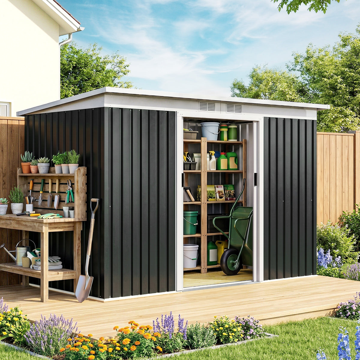 Abri de jardin en acier galvanisé XXL 3,6 m² avec kit de fondation 280 x 130 x 172 cm, cabane de jardin cabanon rangement outils avec portes coulissantes verrouillables aérations, noir-1