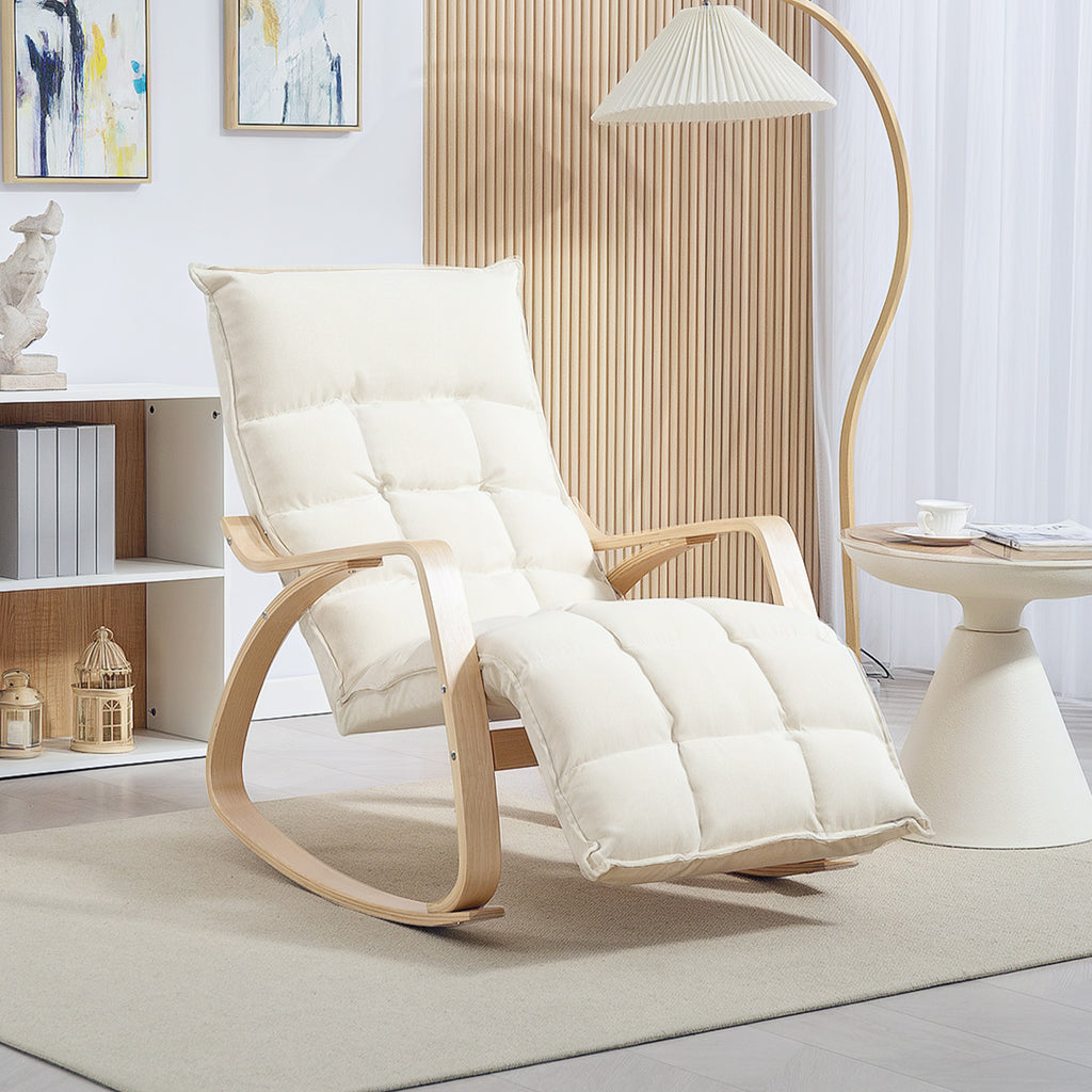 Fauteuil à bascule avec repose-pieds ajustable, rocking chair avec pieds en bois de bouleau, 67 x 106-123 x 92 cm, crème-8