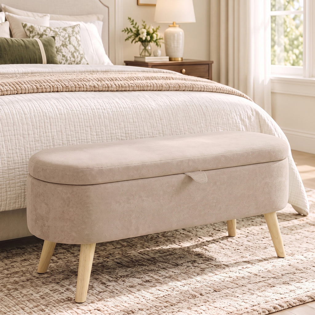 Banc Coffre de Rangement en Sherpa Moderne pour Bout de Lit avec Pieds en Bois 95cm Beige-1