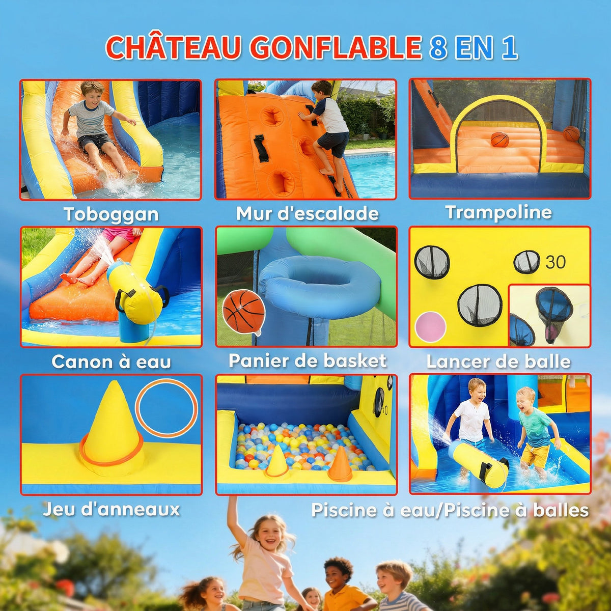 Château gonflable avec souffleur 8 en 1, parc aquatique, toboggan, trampoline, piscine à balles, oxford, multicolore-3
