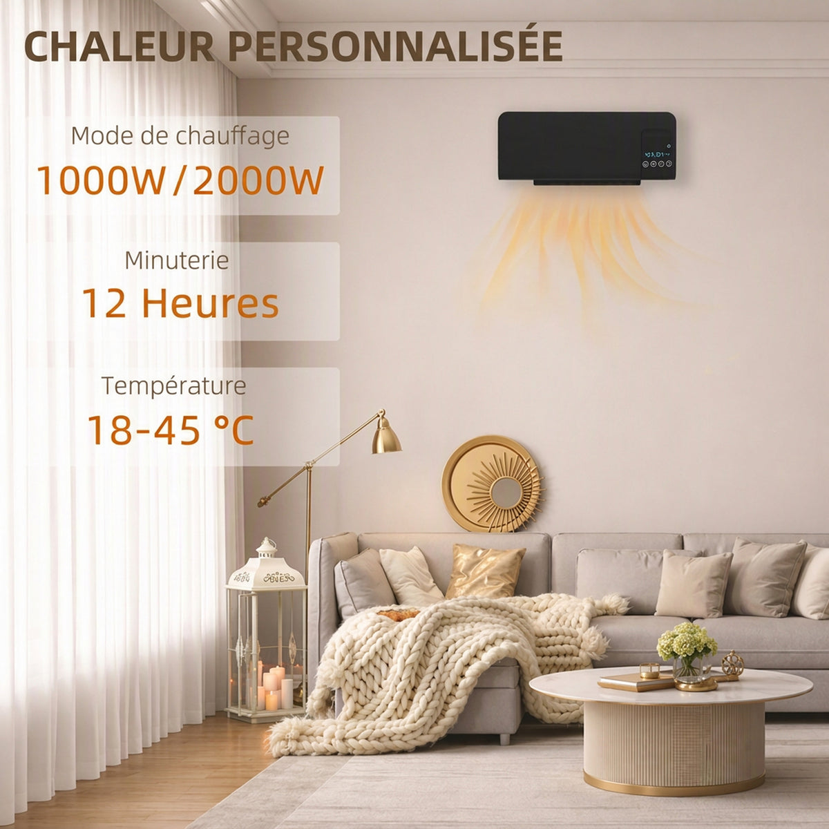 Radiateur soufflant mural chauffage céramique PTC - 1000 W / 2000 W oscillation minuterie avec télécommande noir-3