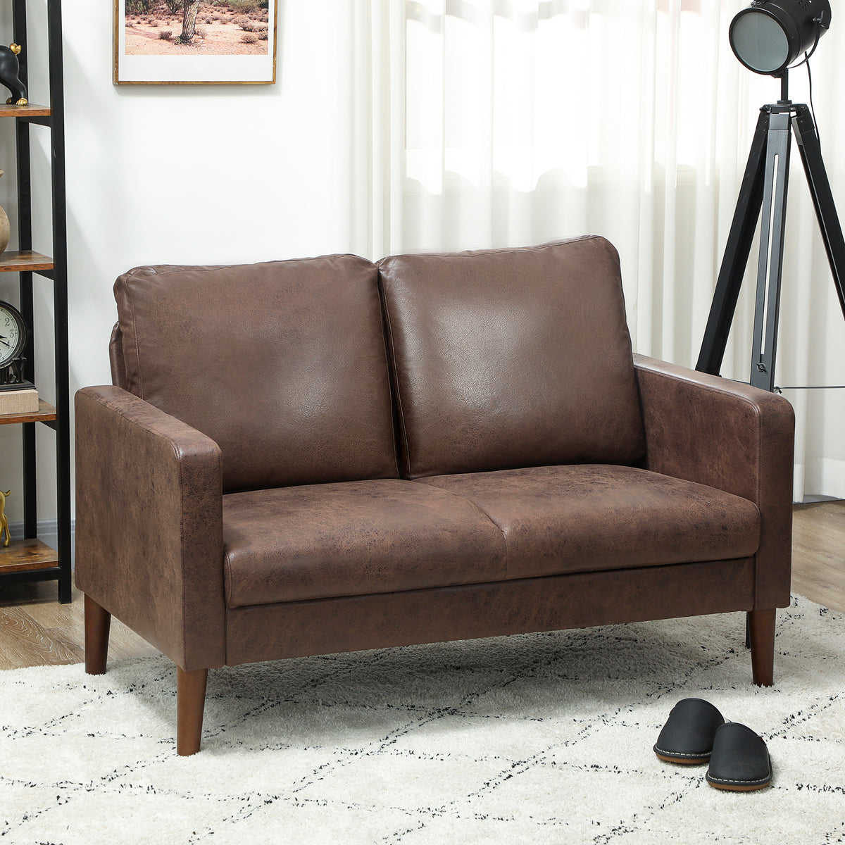 Canapé 2 Places Canapé de Salon 130 cm, Coussin à Ressorts et Pieds en Bois d'Hévéa, Tissu en Microfibre, Marron Foncé-1