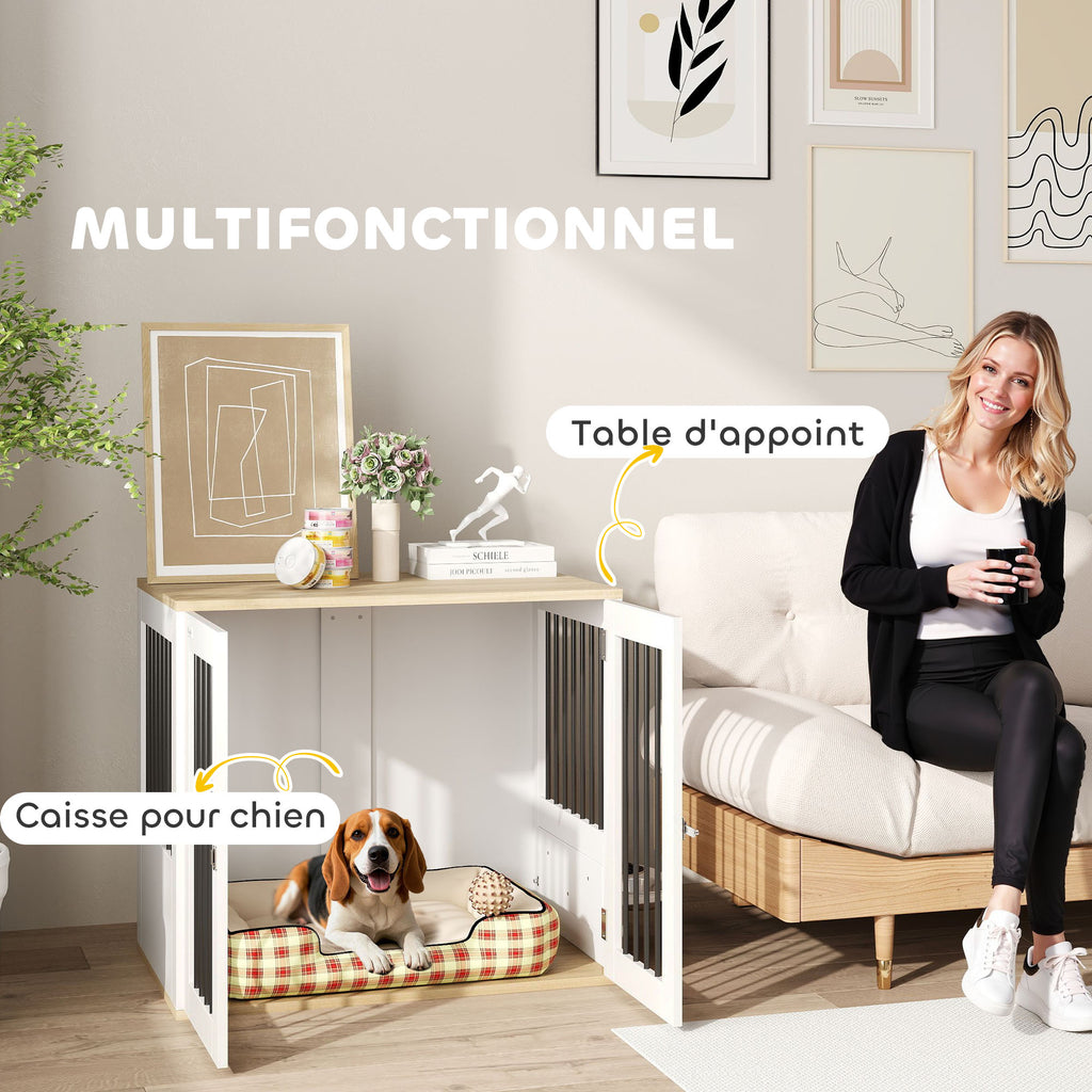 Cage pour chiens, table d'appoint, gamelles amovibles rotatives à 360° 2 portes pour chien moyenne 80x55x71,5cm blanc-4