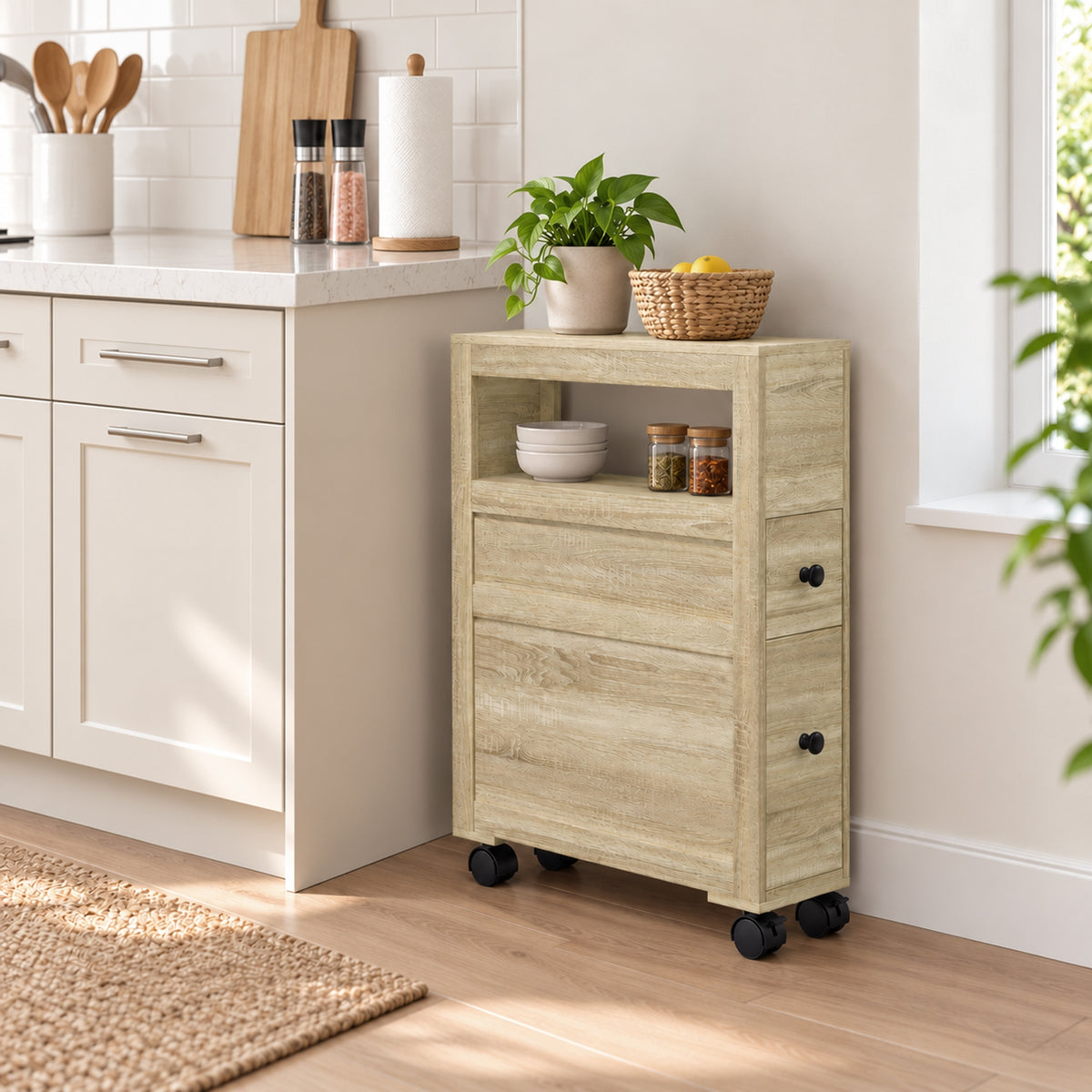 Meuble de rangement de salle de bain sur roulette armoire WC toilettes étagère ouverte 2 tiroirs 16 x 52 x 71,5 cm chêne-7