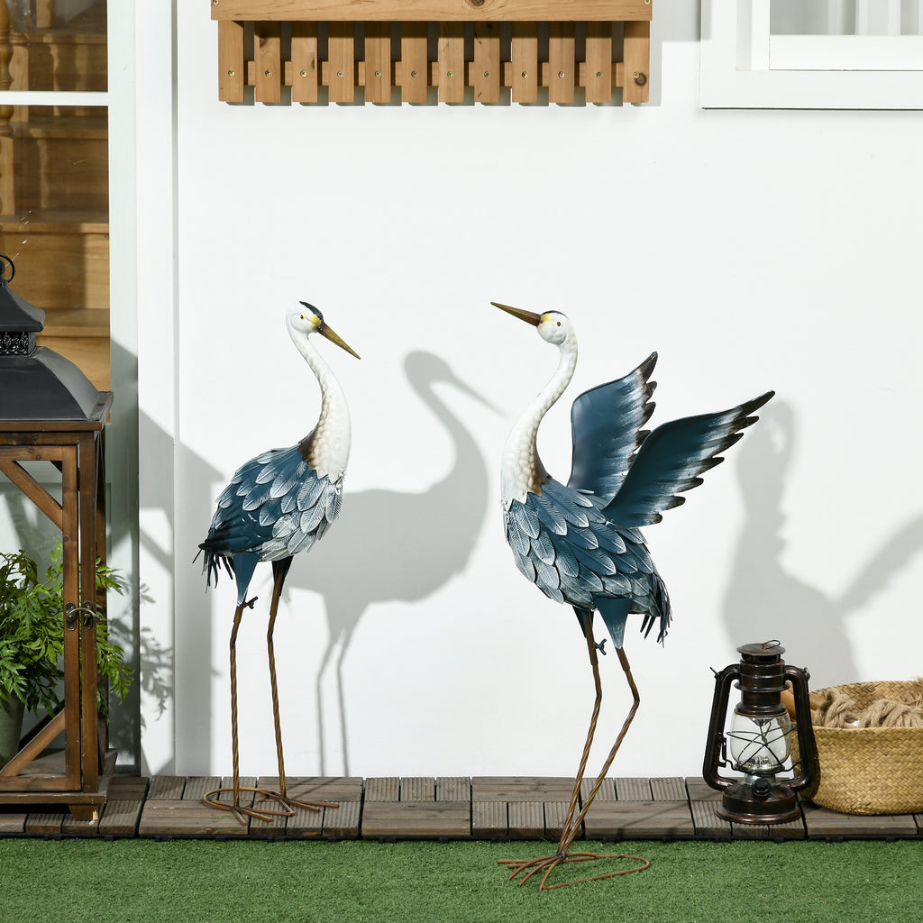 Lot de 2 statues jardin exterieur sculpture de héron en acier pour étang, patio, terrasse, pelouse, 74/70cm multicolore-1