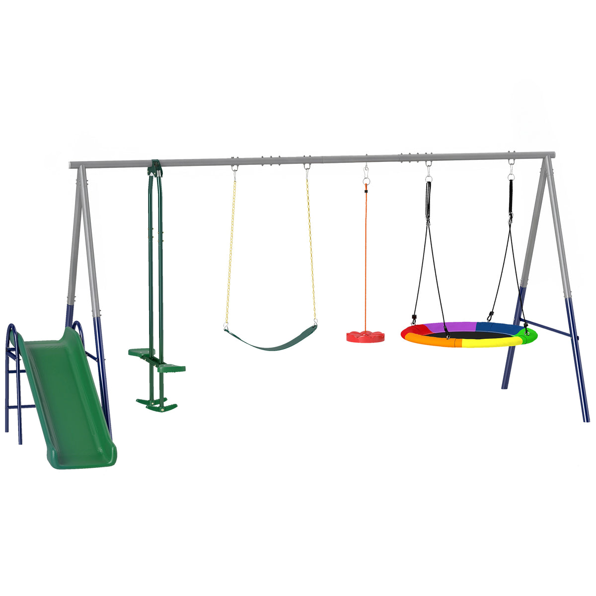 Balançoire Portique Enfants 5 en 1 avec Toboggan, 3 Balançoire, Face à Face, Hauteur Réglable, 3-8 ans, Multicolore-0