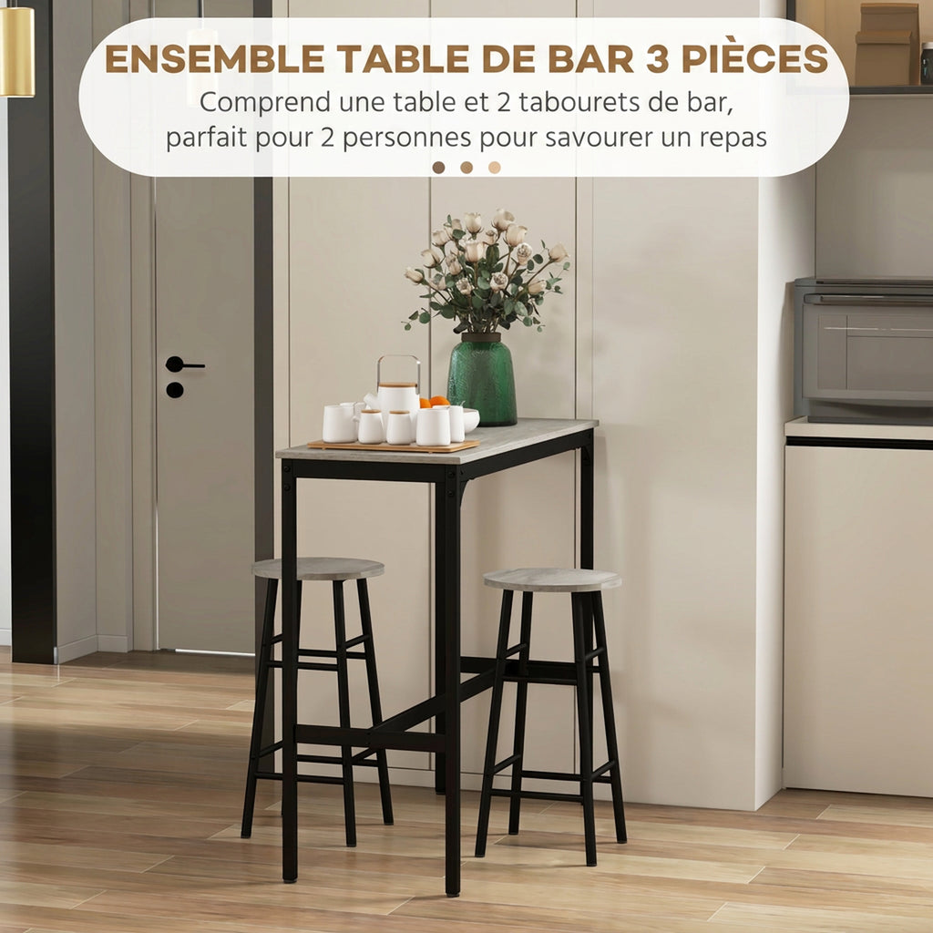 Ensemble table haute de bar + 2 tabourets structure en acier plateau aspect effet bois gris 2 personnes noir-3