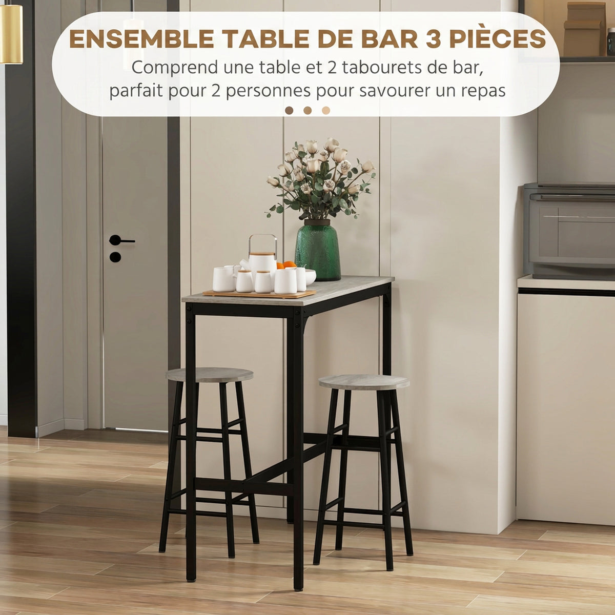 Ensemble table haute de bar + 2 tabourets structure en acier plateau aspect effet bois gris 2 personnes noir-3